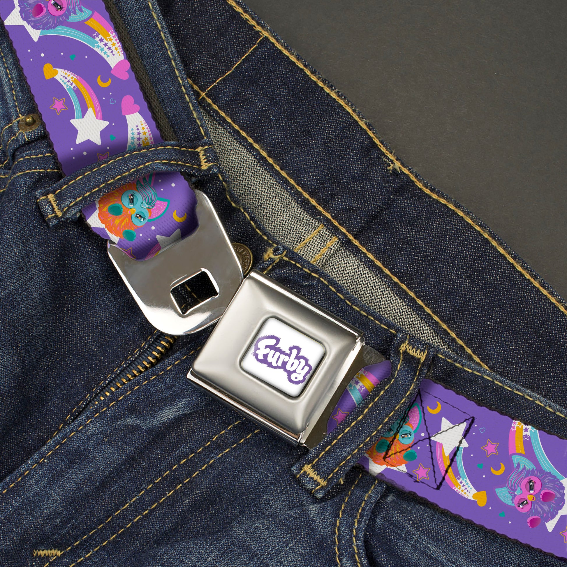 FURBY Title Logo Full Color White/Purple Seatbelt Belt - Furby Orange and Purple Jumping Rainbow Slide Black/Multi Color Webbing Seatbelt Belts Furby
