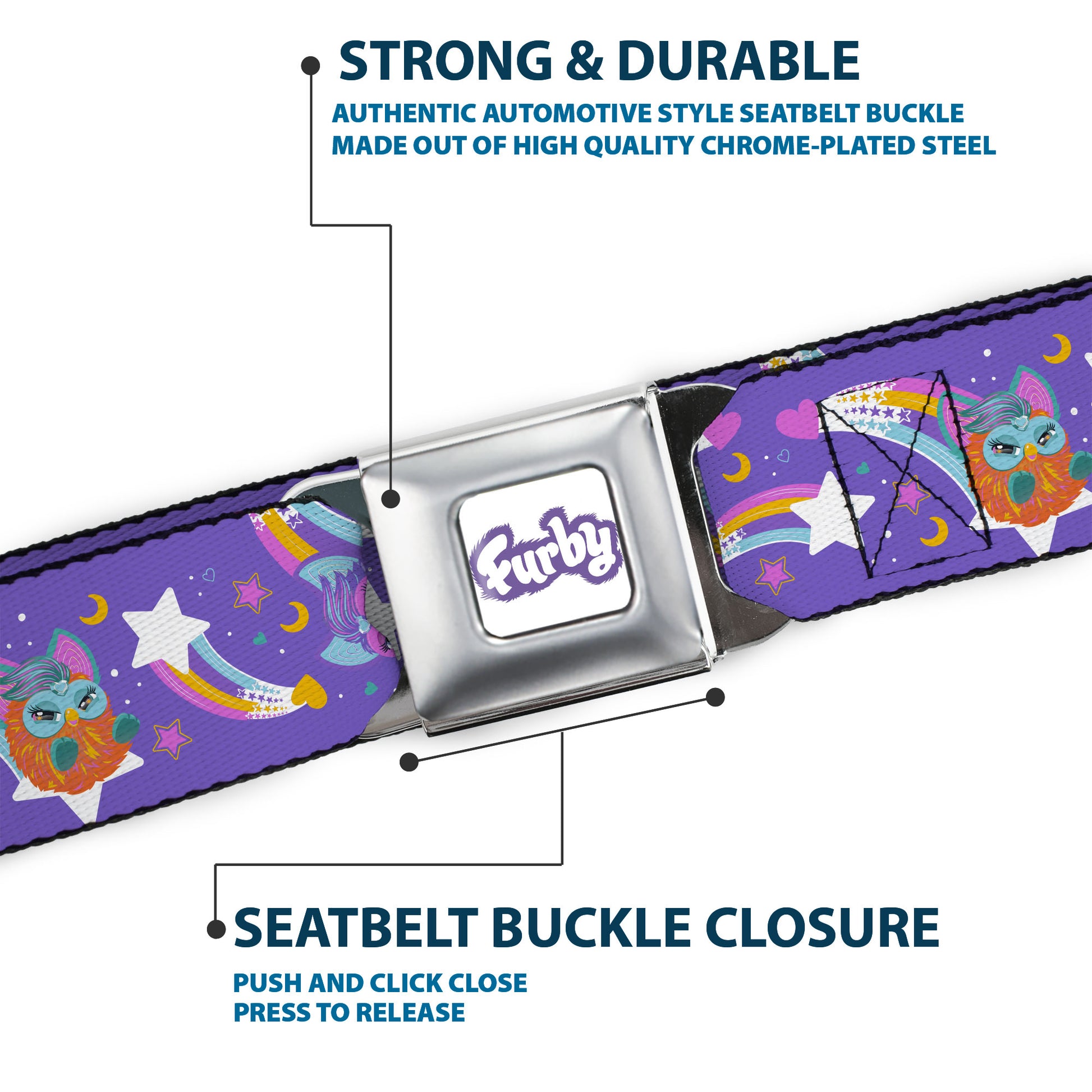FURBY Title Logo Full Color White/Purple Seatbelt Belt - Furby Orange and Purple Jumping Rainbow Slide Black/Multi Color Webbing Seatbelt Belts Furby
