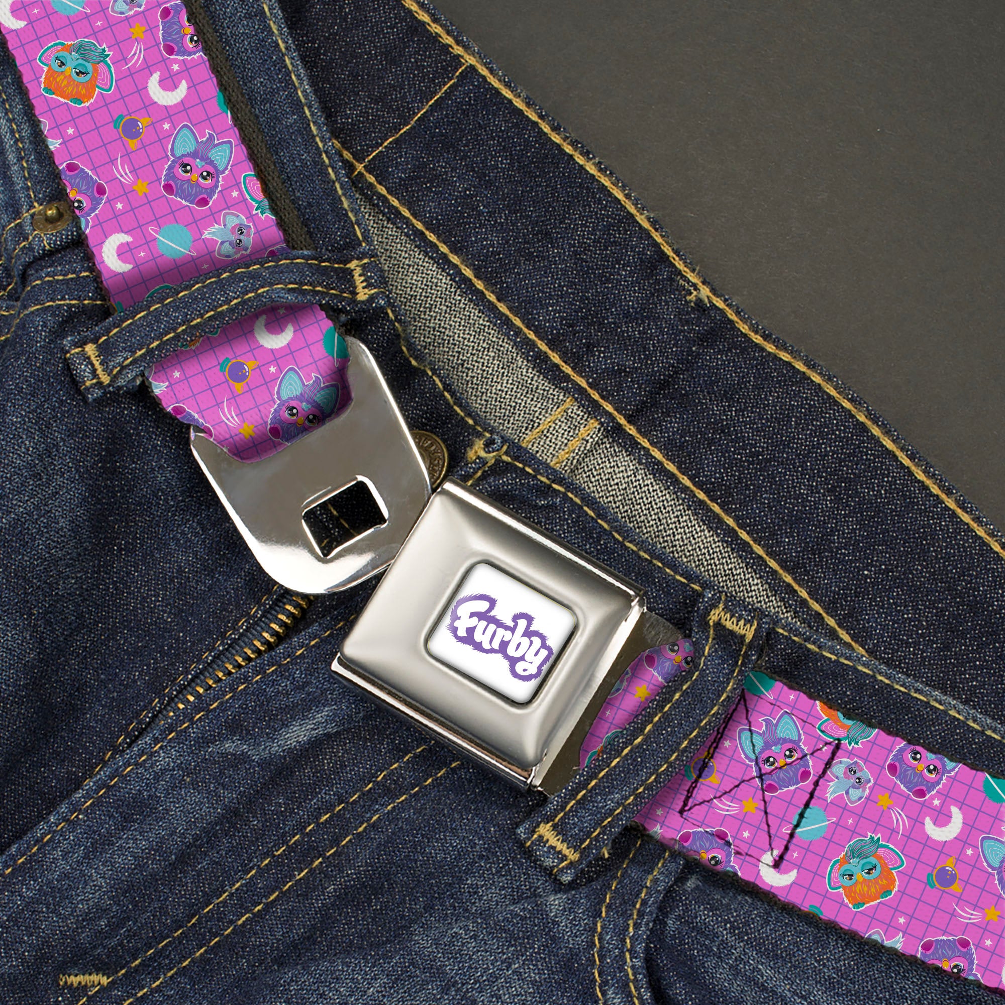 FURBY Title Logo Full Color White/Purple Seatbelt Belt - Furby and Furblets Galaxy Grid Collage Pink/Purple Webbing Seatbelt Belts Furby