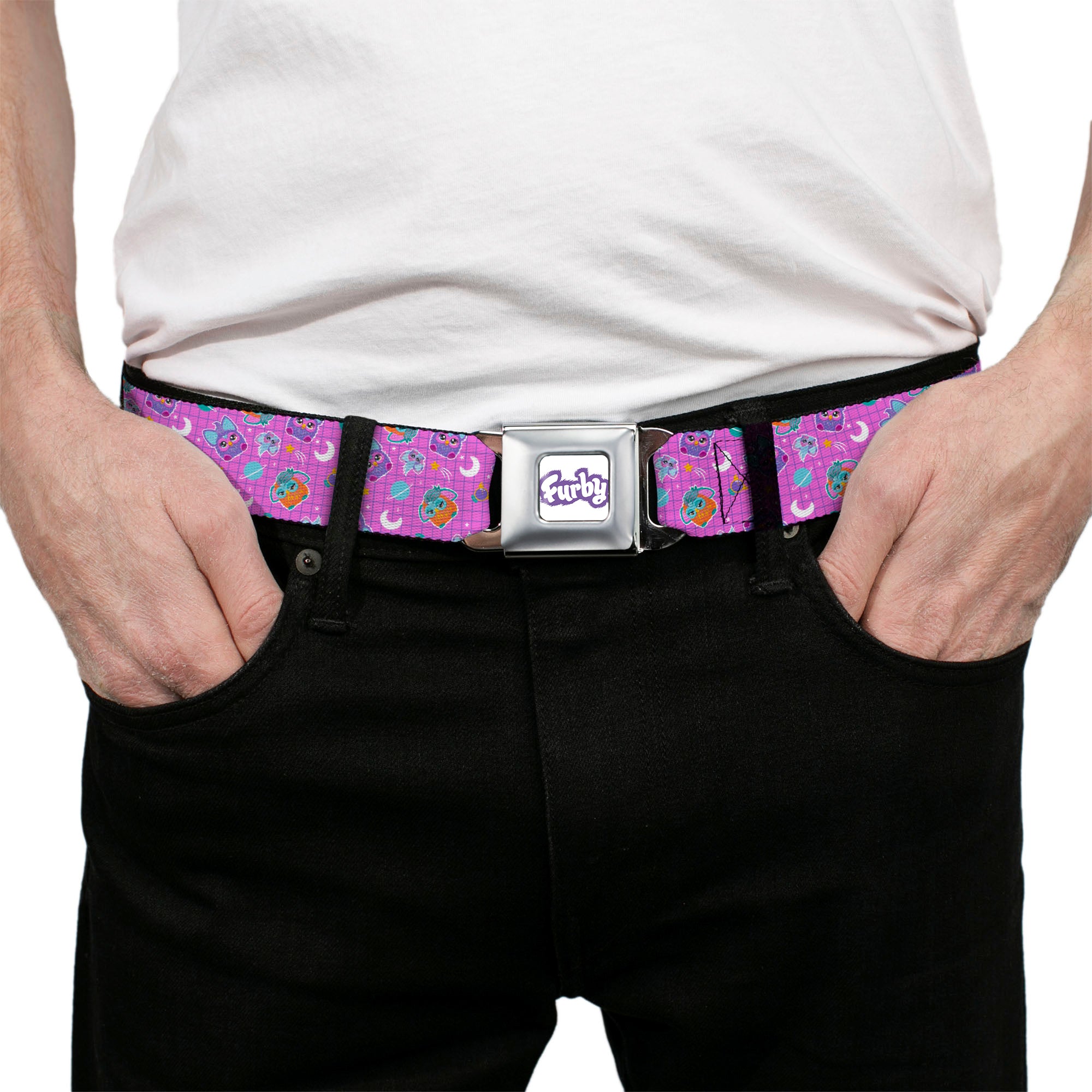 FURBY Title Logo Full Color White/Purple Seatbelt Belt - Furby and Furblets Galaxy Grid Collage Pink/Purple Webbing Seatbelt Belts Furby