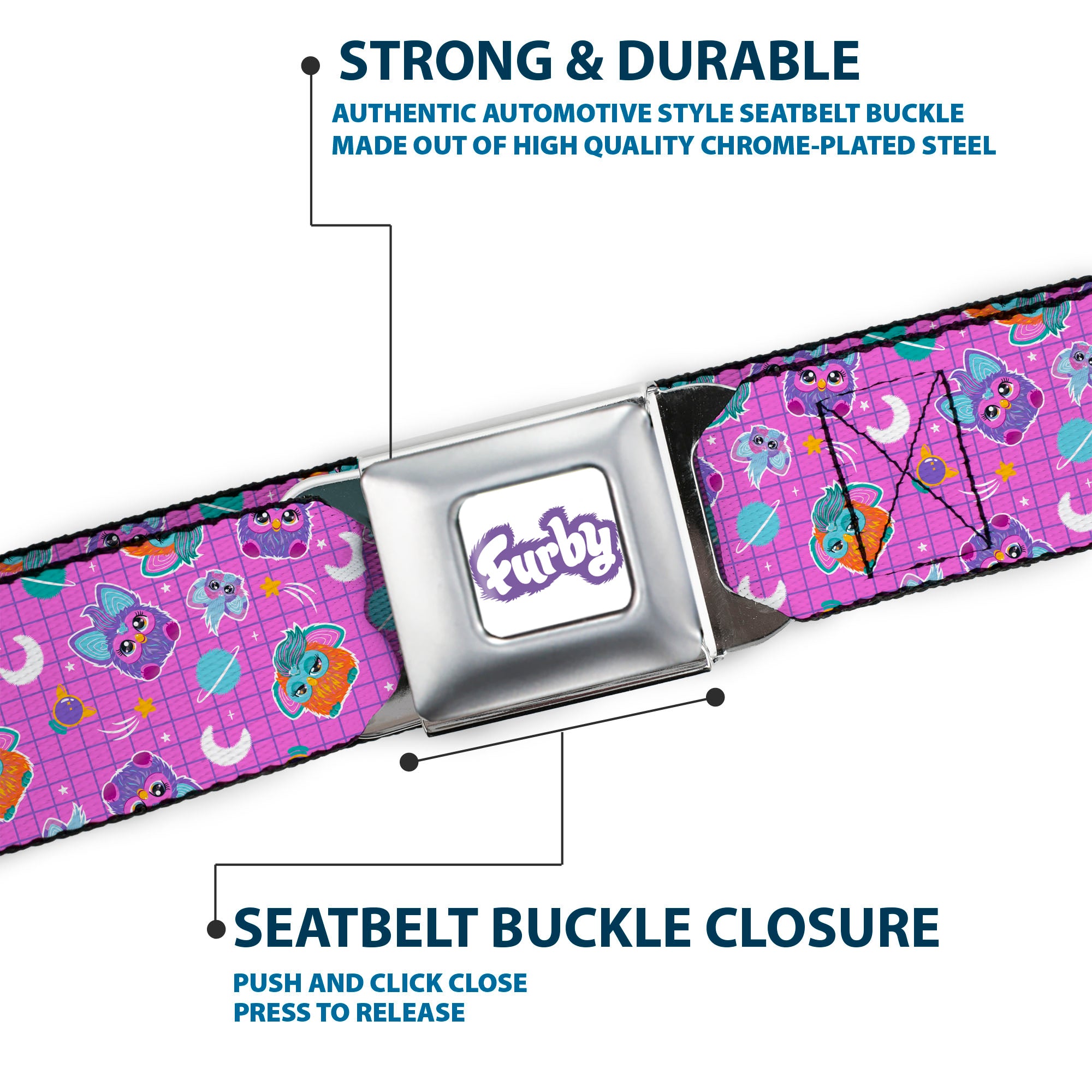FURBY Title Logo Full Color White/Purple Seatbelt Belt - Furby and Furblets Galaxy Grid Collage Pink/Purple Webbing Seatbelt Belts Furby