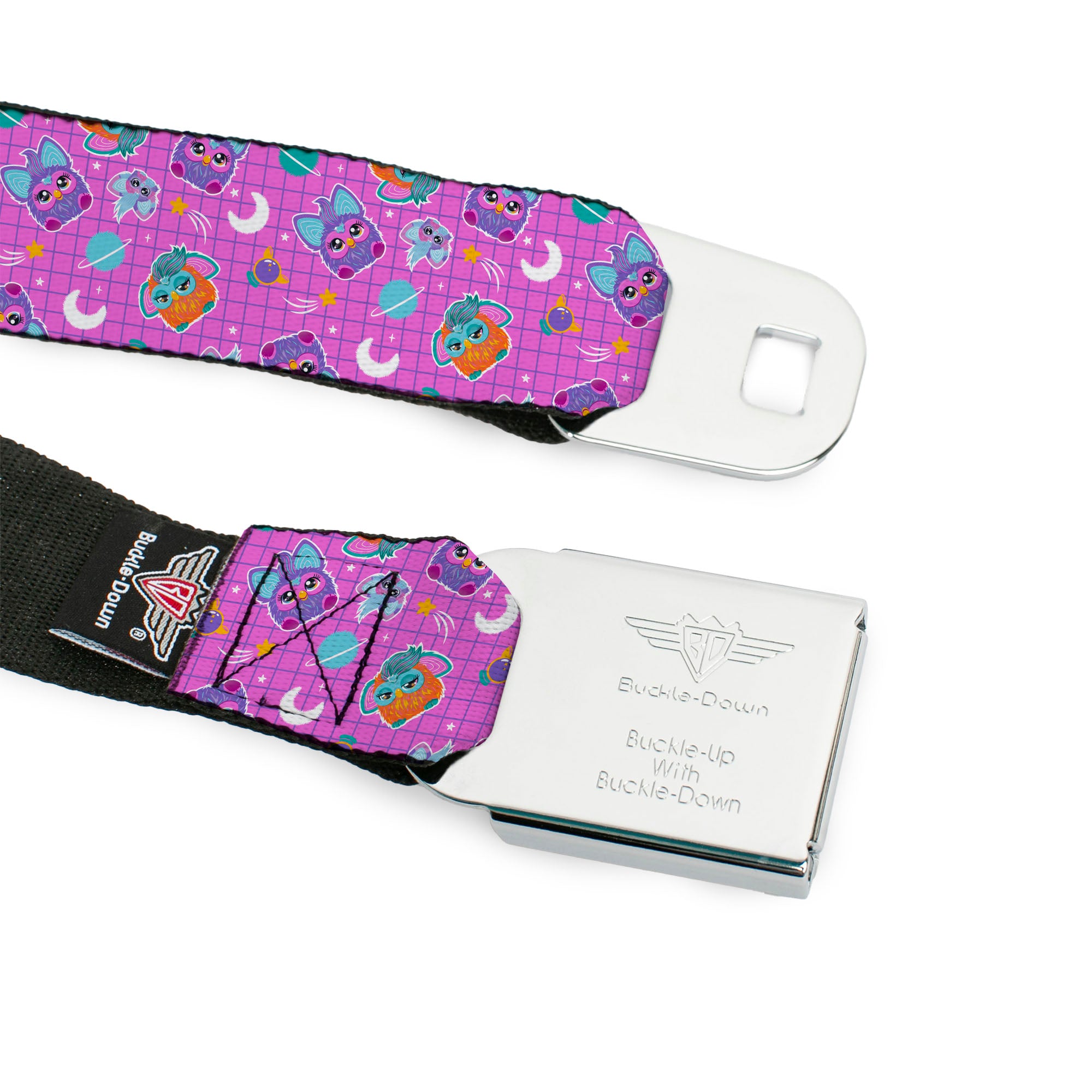 FURBY Title Logo Full Color White/Purple Seatbelt Belt - Furby and Furblets Galaxy Grid Collage Pink/Purple Webbing Seatbelt Belts Furby