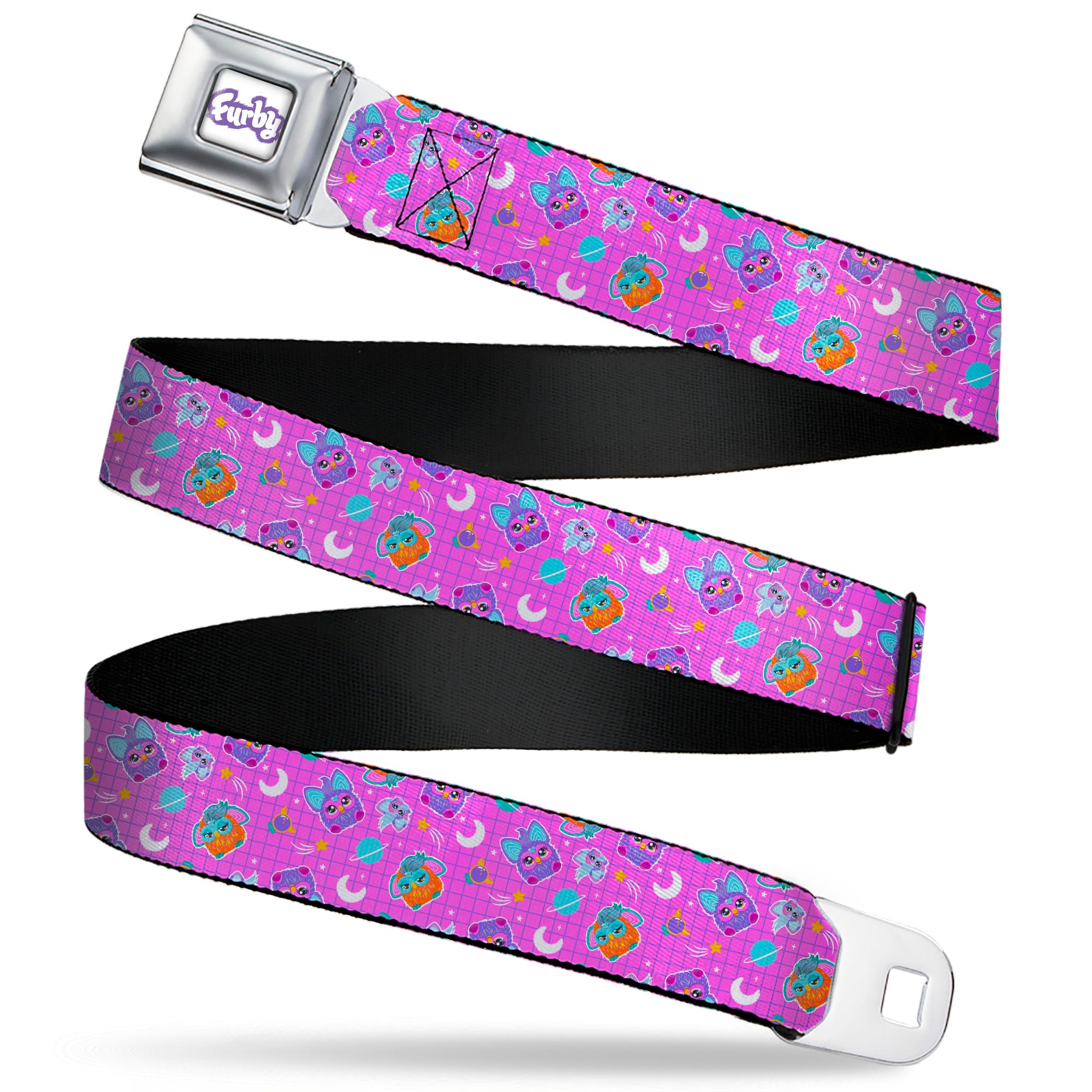FURBY Title Logo Full Color White/Purple Seatbelt Belt - Furby and Furblets Galaxy Grid Collage Pink/Purple Webbing Seatbelt Belts Furby