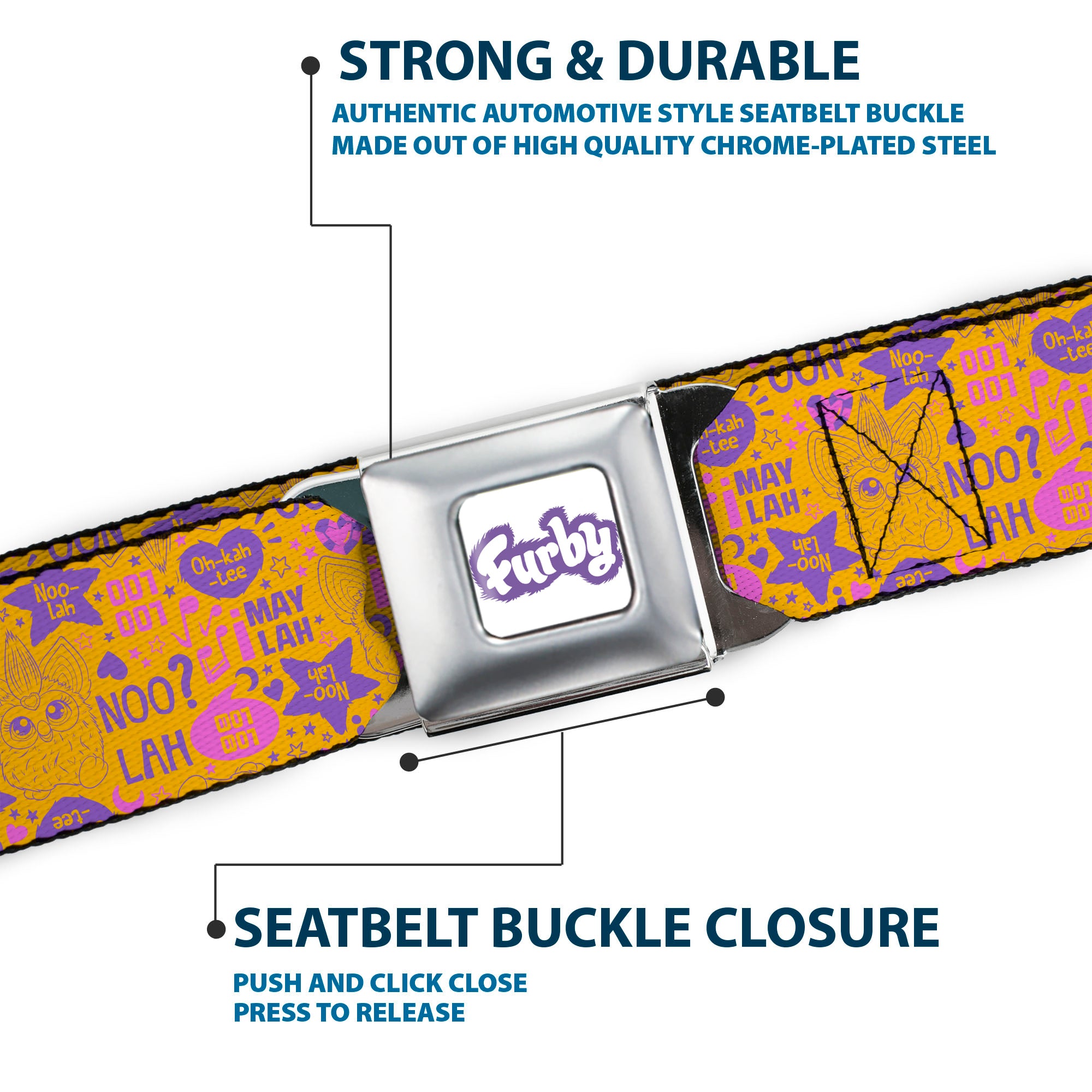 FURBY Title Logo Full Color White/Purple Seatbelt Belt - Furby Furbish Phrases and Icons Orange/Pink/Purple Webbing Seatbelt Belts Furby