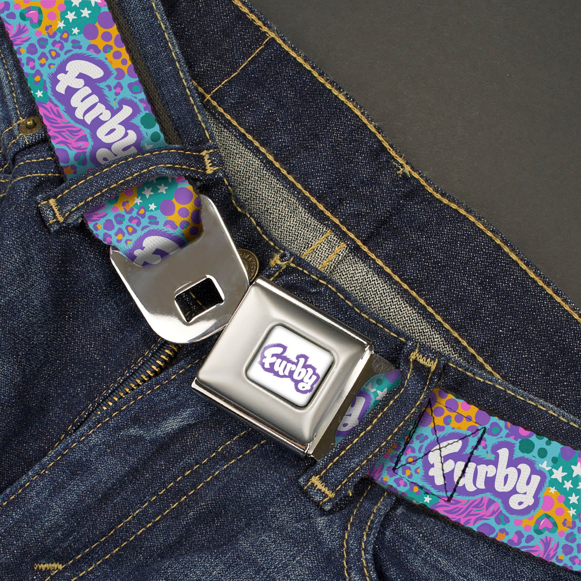 FURBY Title Logo Full Color White/Purple Seatbelt Belt - FURBY Title Logo and Fur Prints Collage Multi Color/White Webbing Seatbelt Belts Furby