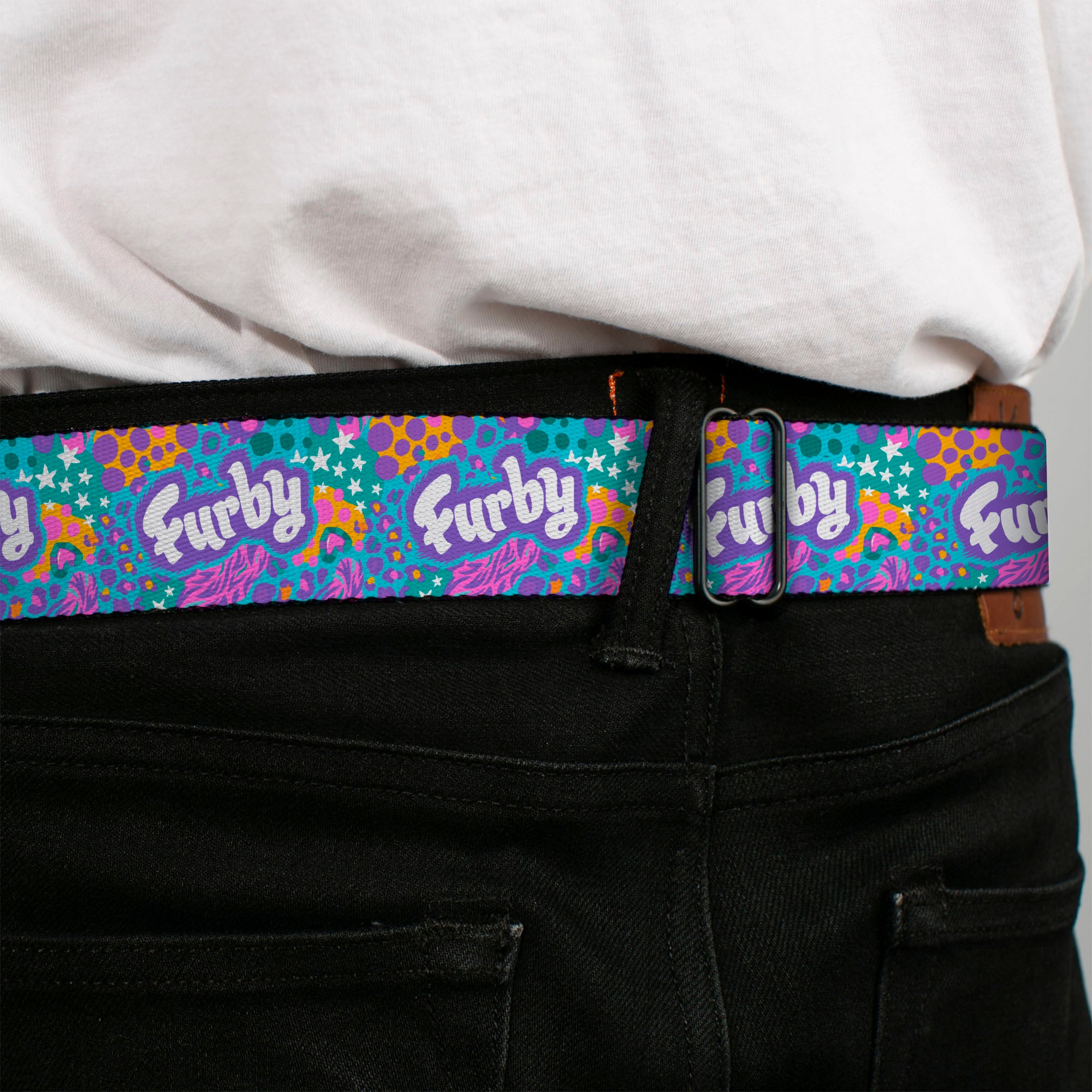 FURBY Title Logo Full Color White/Purple Seatbelt Belt - FURBY Title Logo and Fur Prints Collage Multi Color/White Webbing Seatbelt Belts Furby