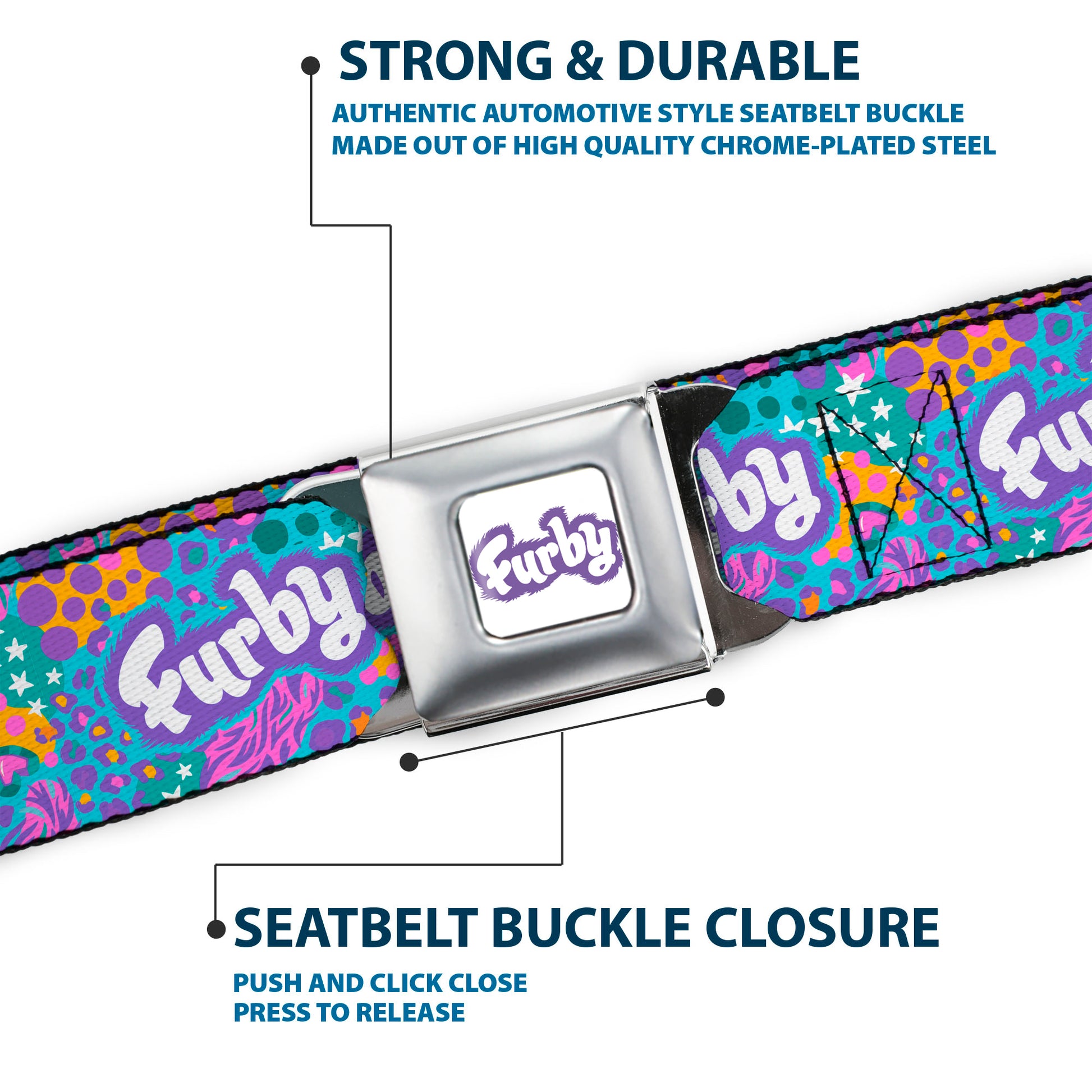 FURBY Title Logo Full Color White/Purple Seatbelt Belt - FURBY Title Logo and Fur Prints Collage Multi Color/White Webbing Seatbelt Belts Furby
