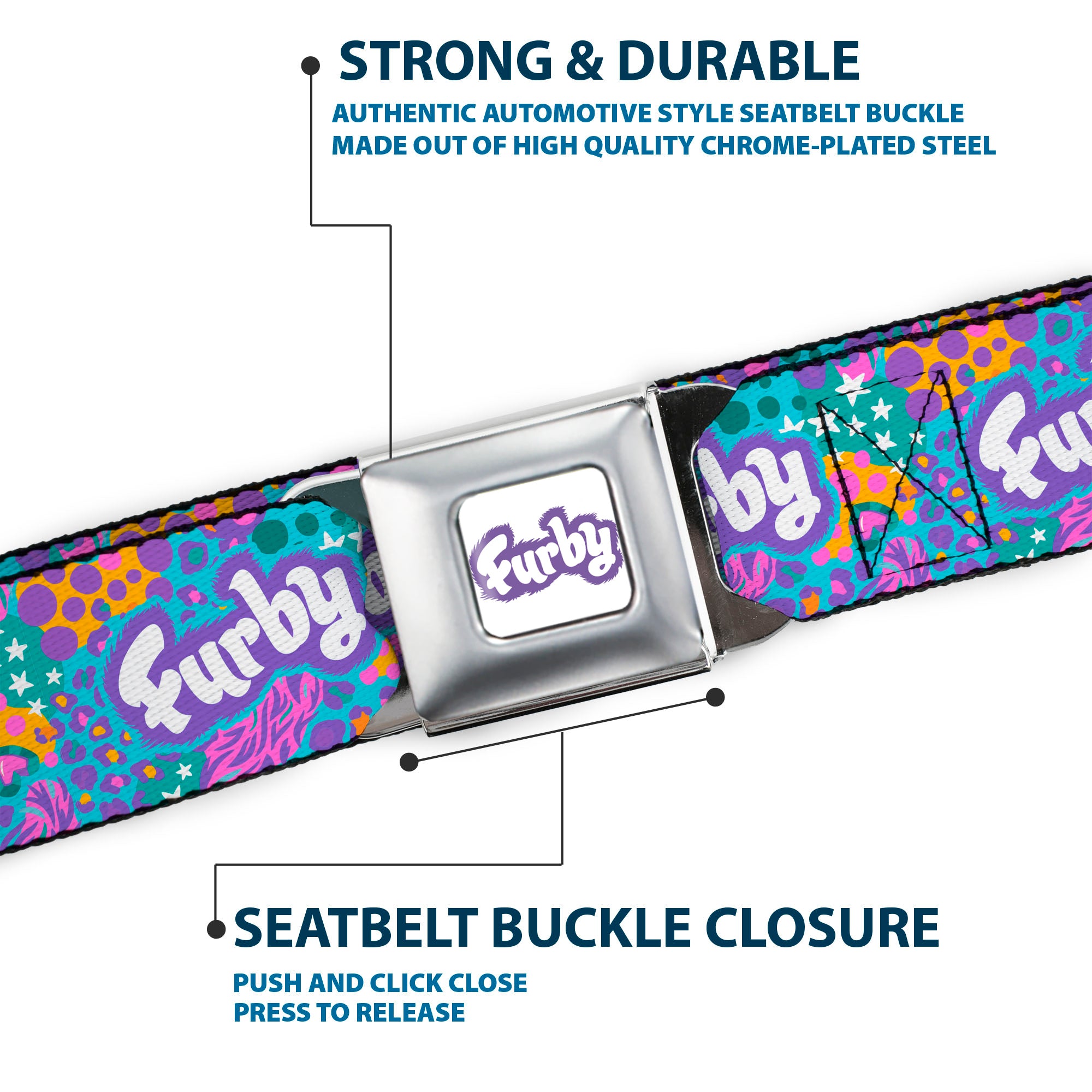 FURBY Title Logo Full Color White/Purple Seatbelt Belt - FURBY Title Logo and Fur Prints Collage Multi Color/White Webbing Seatbelt Belts Furby