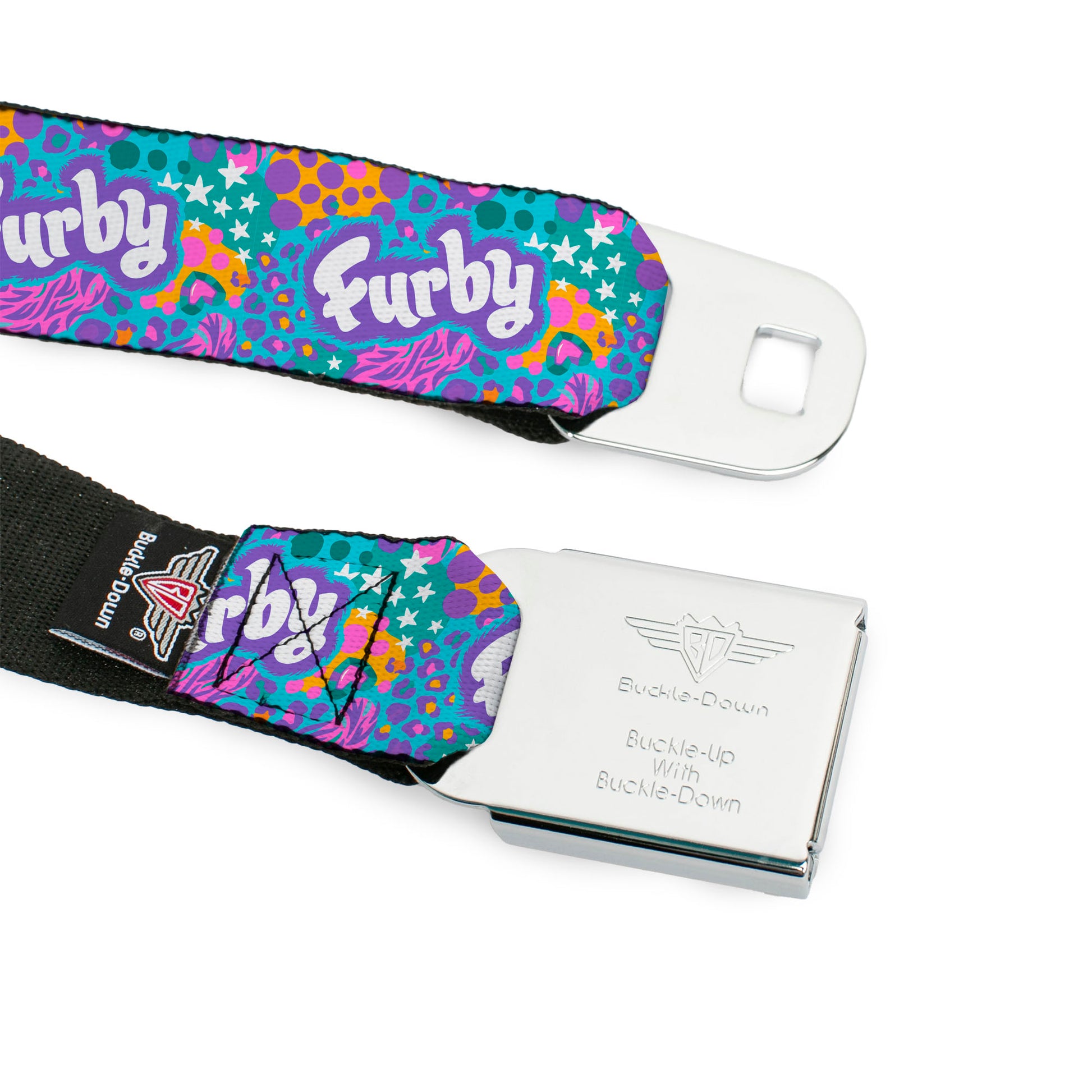 FURBY Title Logo Full Color White/Purple Seatbelt Belt - FURBY Title Logo and Fur Prints Collage Multi Color/White Webbing Seatbelt Belts Furby