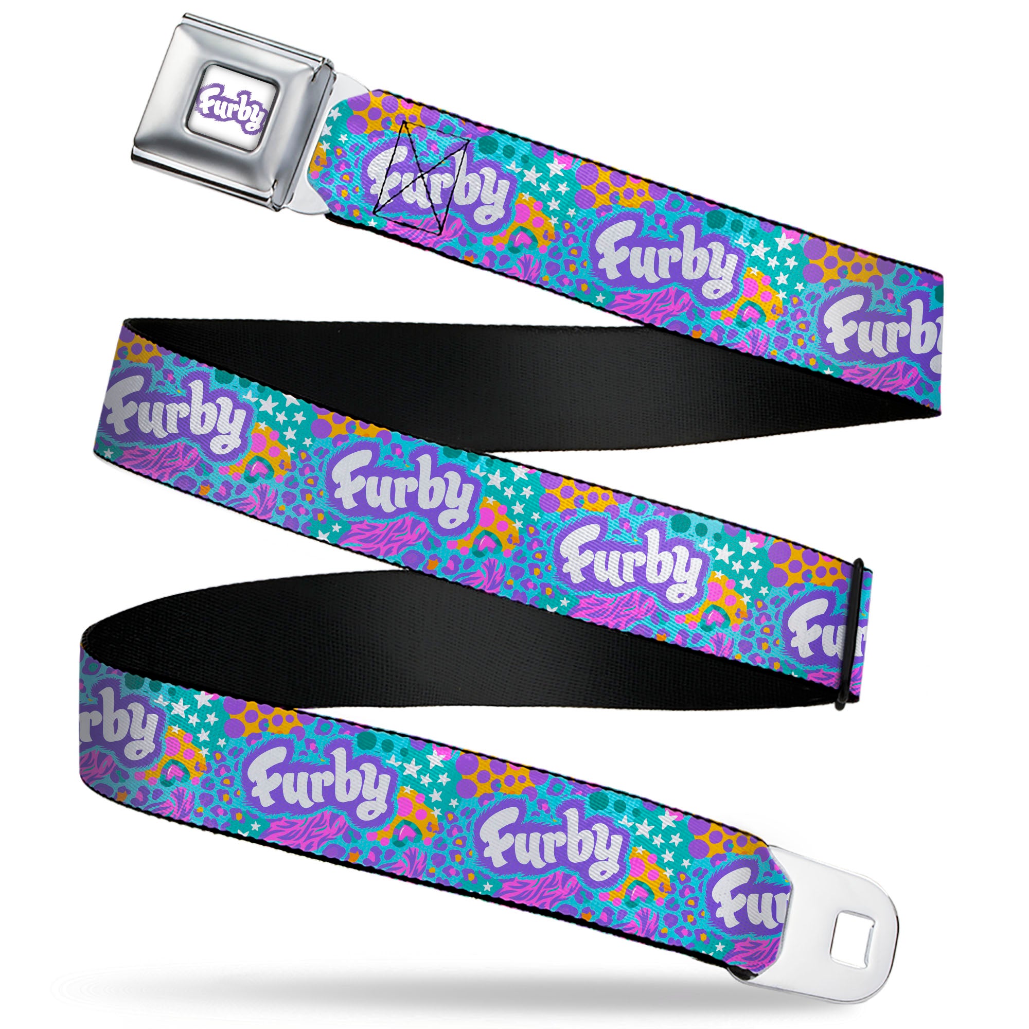 FURBY Title Logo Full Color White/Purple Seatbelt Belt - FURBY Title Logo and Fur Prints Collage Multi Color/White Webbing Seatbelt Belts Furby