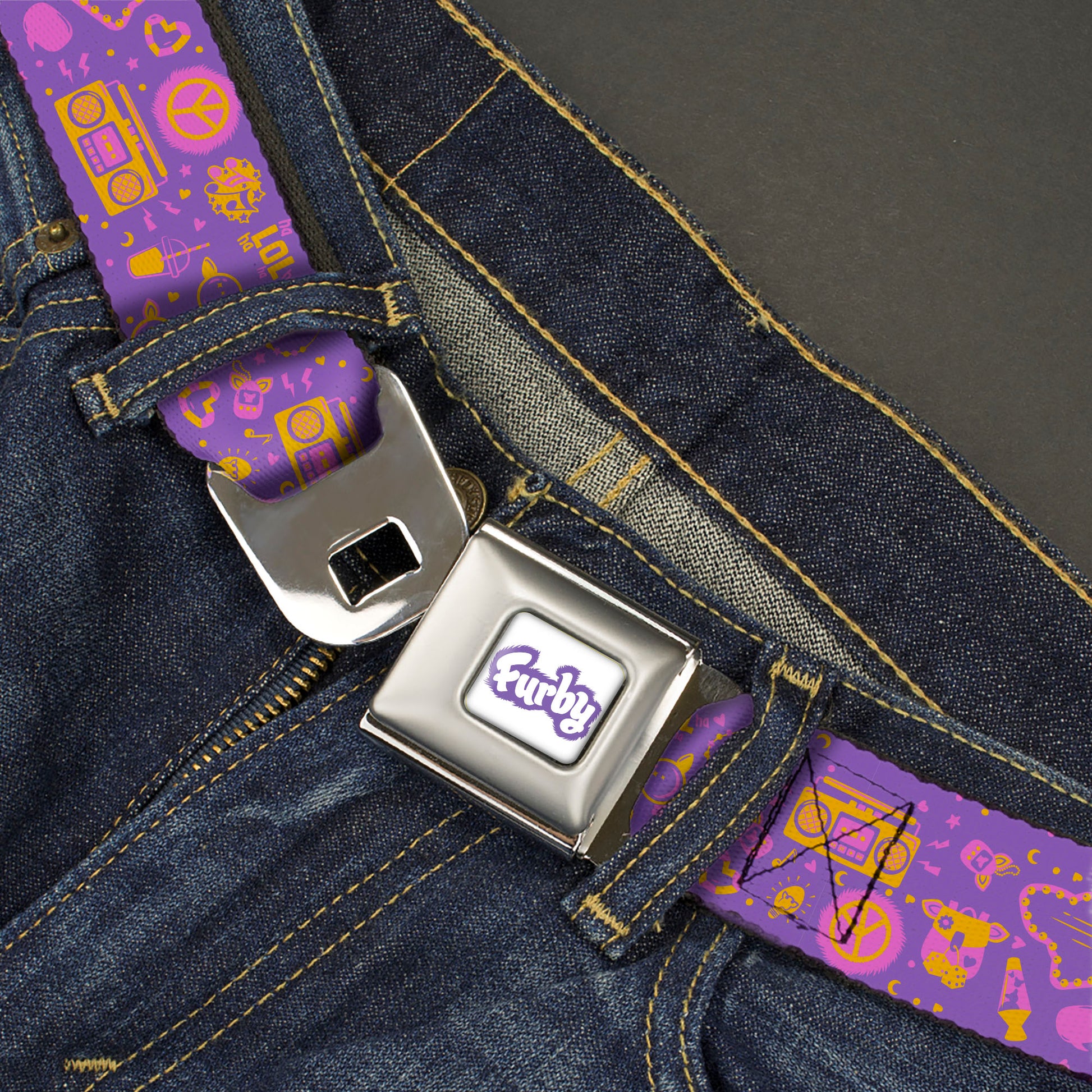 FURBY Title Logo Full Color White/Purple Seatbelt Belt - Furby Icons Collage Purples/Orange/Pinks Webbing Seatbelt Belts Furby