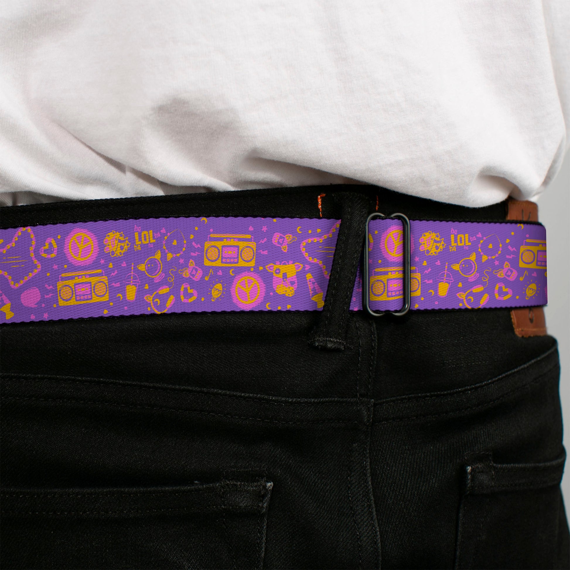 FURBY Title Logo Full Color White/Purple Seatbelt Belt - Furby Icons Collage Purples/Orange/Pinks Webbing Seatbelt Belts Furby