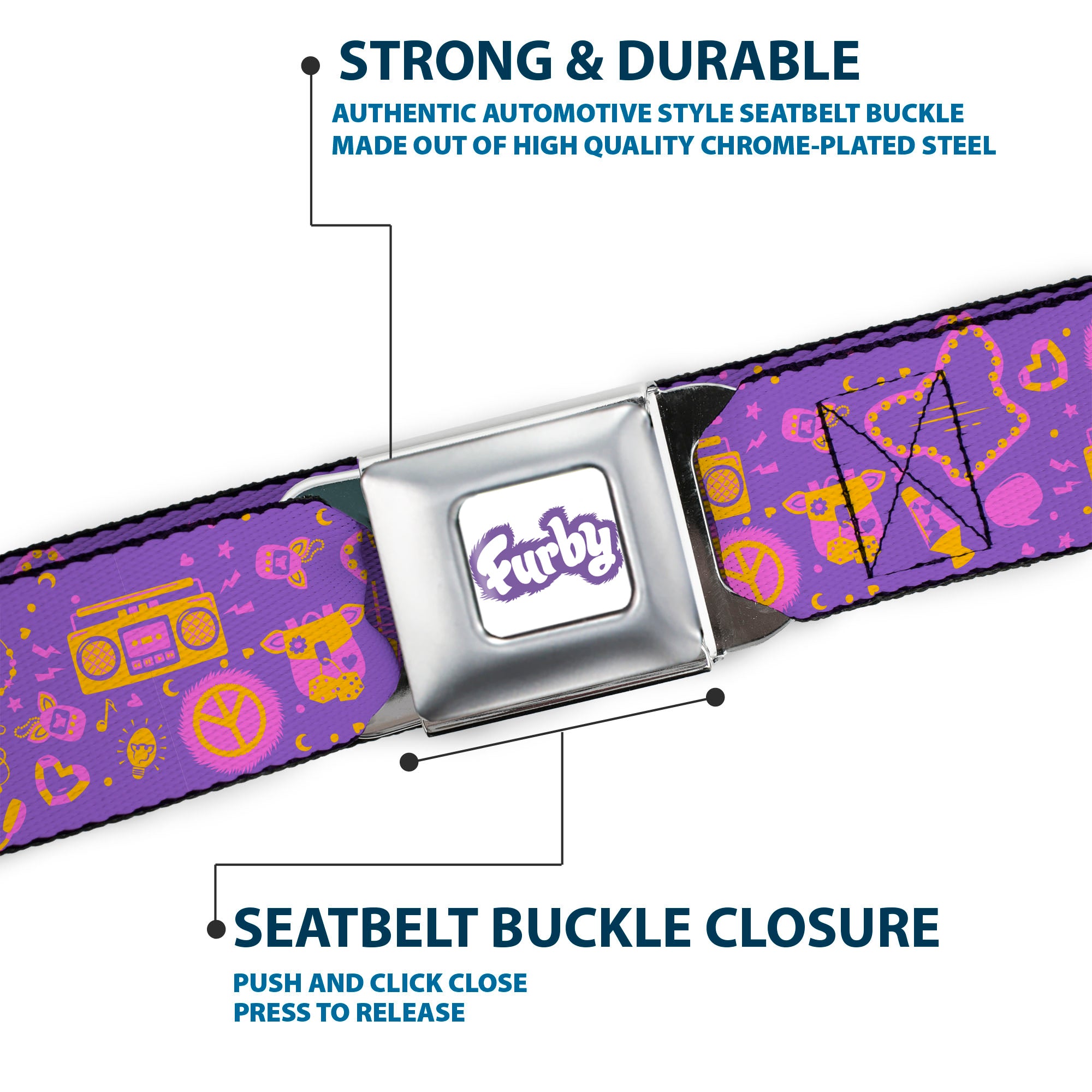 FURBY Title Logo Full Color White/Purple Seatbelt Belt - Furby Icons Collage Purples/Orange/Pinks Webbing Seatbelt Belts Furby