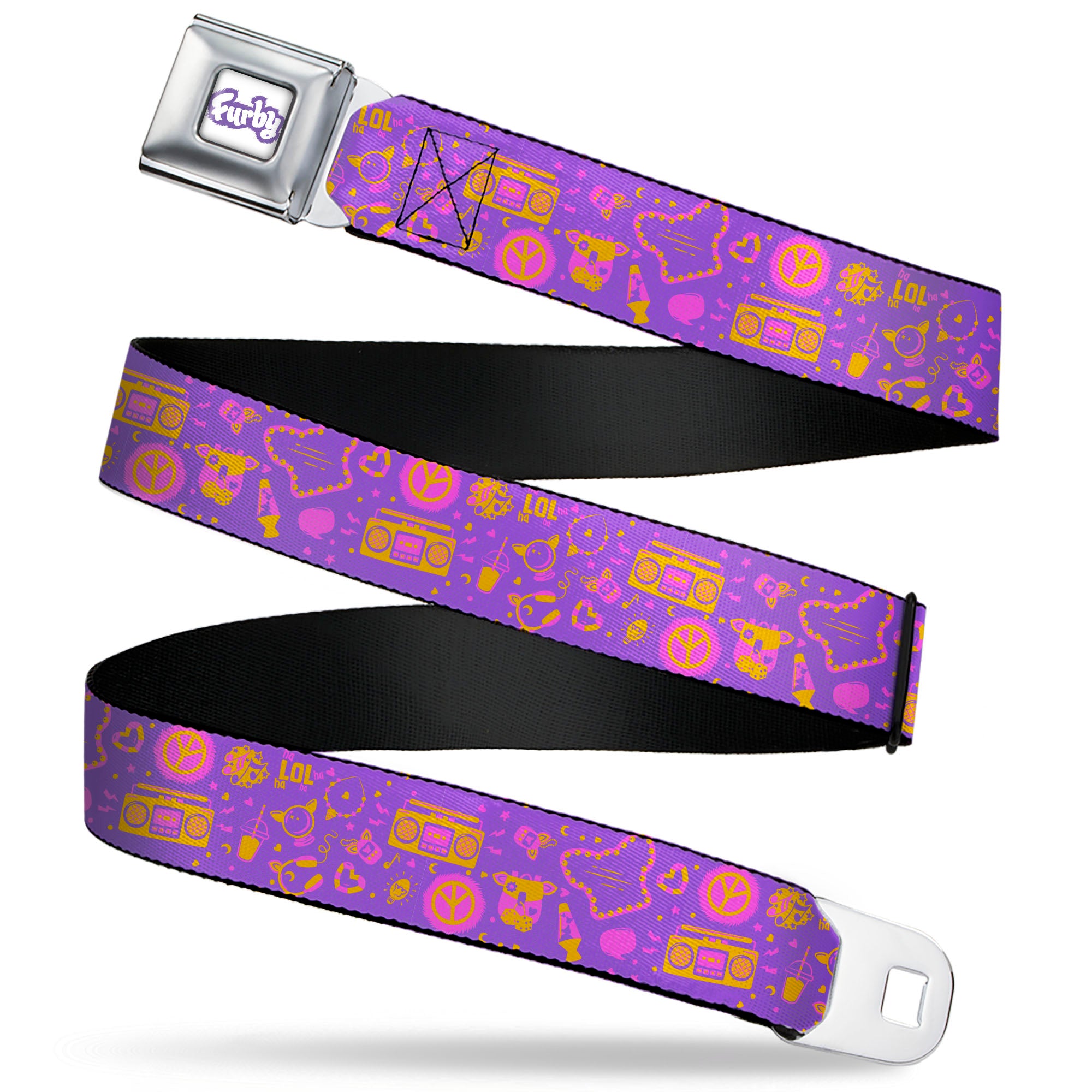 FURBY Title Logo Full Color White/Purple Seatbelt Belt - Furby Icons Collage Purples/Orange/Pinks Webbing Seatbelt Belts Furby