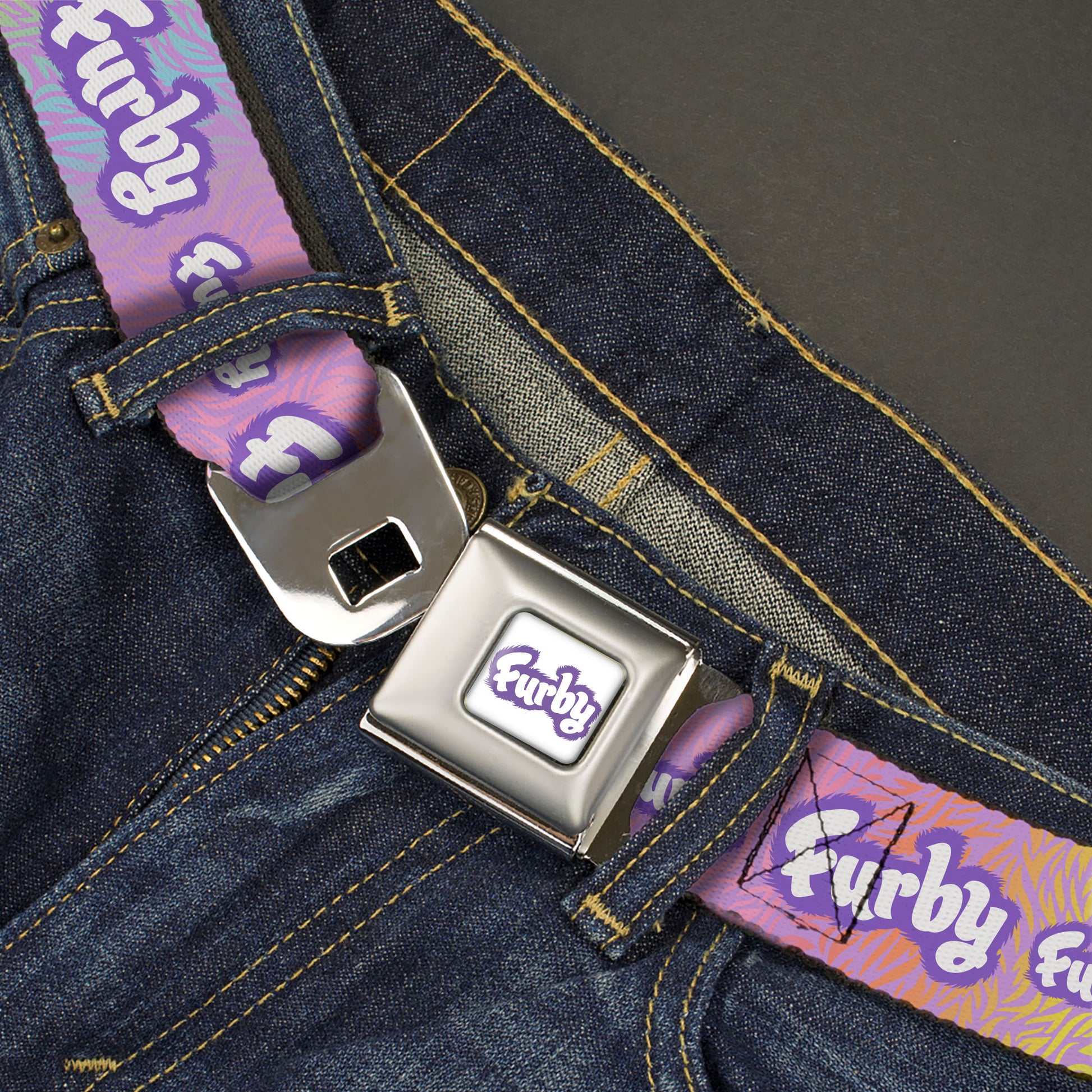 FURBY Title Logo Full Color White/Purple Seatbelt Belt - FURBY Title Logo Fur Print White/Lavender/Purple Webbing Seatbelt Belts Furby