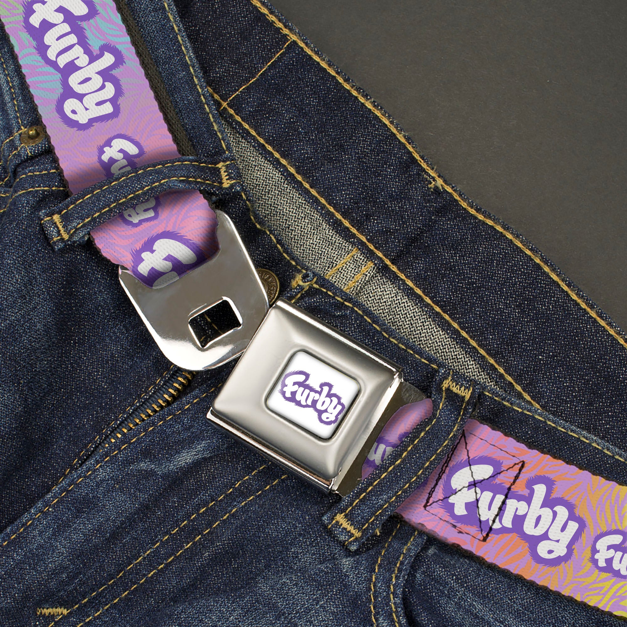 FURBY Title Logo Full Color White/Purple Seatbelt Belt - FURBY Title Logo Fur Print White/Lavender/Purple Webbing Seatbelt Belts Furby