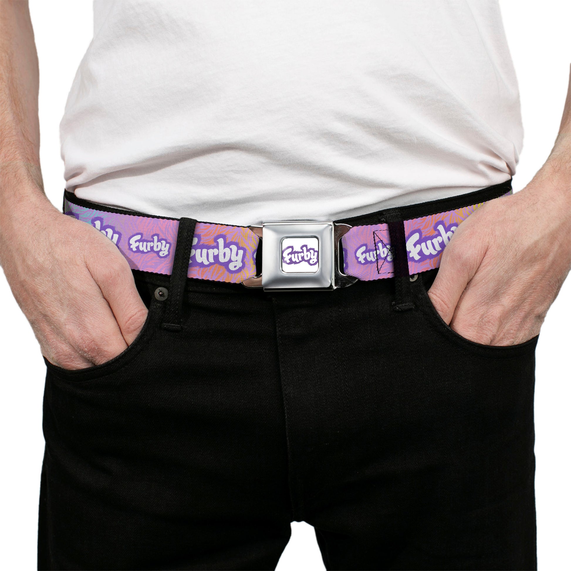 FURBY Title Logo Full Color White/Purple Seatbelt Belt - FURBY Title Logo Fur Print White/Lavender/Purple Webbing Seatbelt Belts Furby