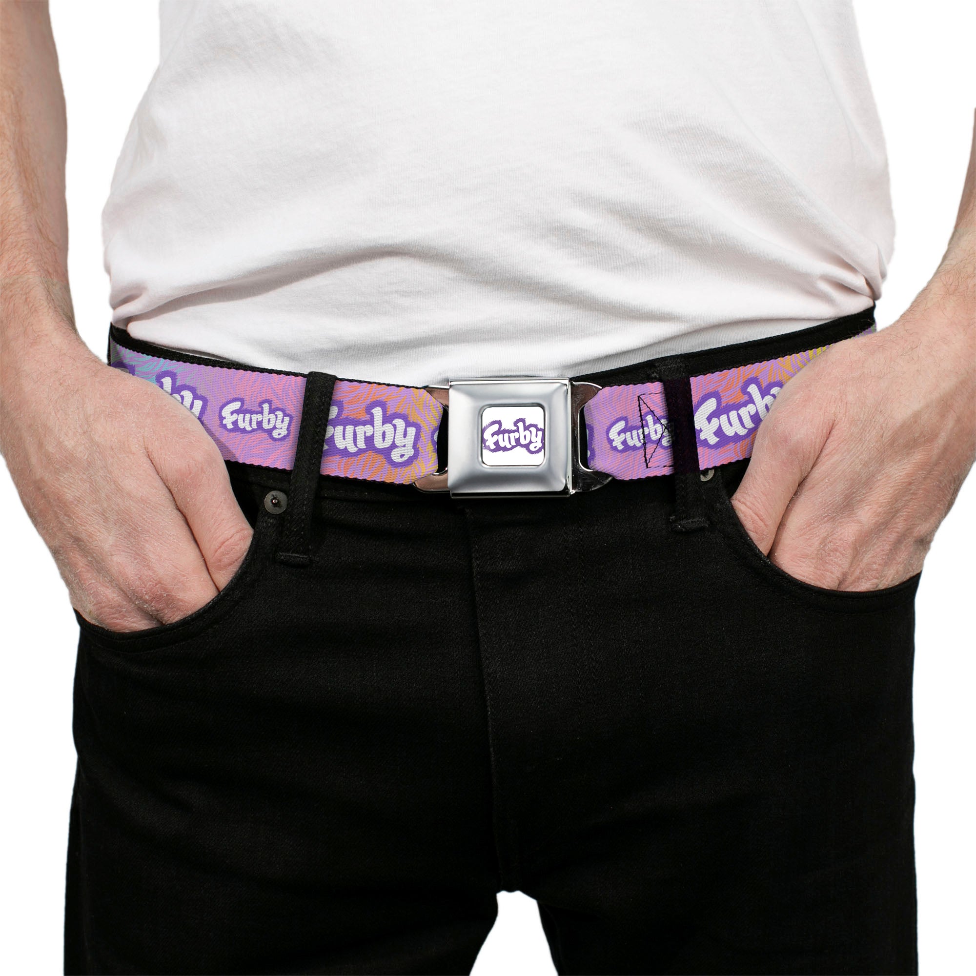 FURBY Title Logo Full Color White/Purple Seatbelt Belt - FURBY Title Logo Fur Print White/Lavender/Purple Webbing Seatbelt Belts Furby