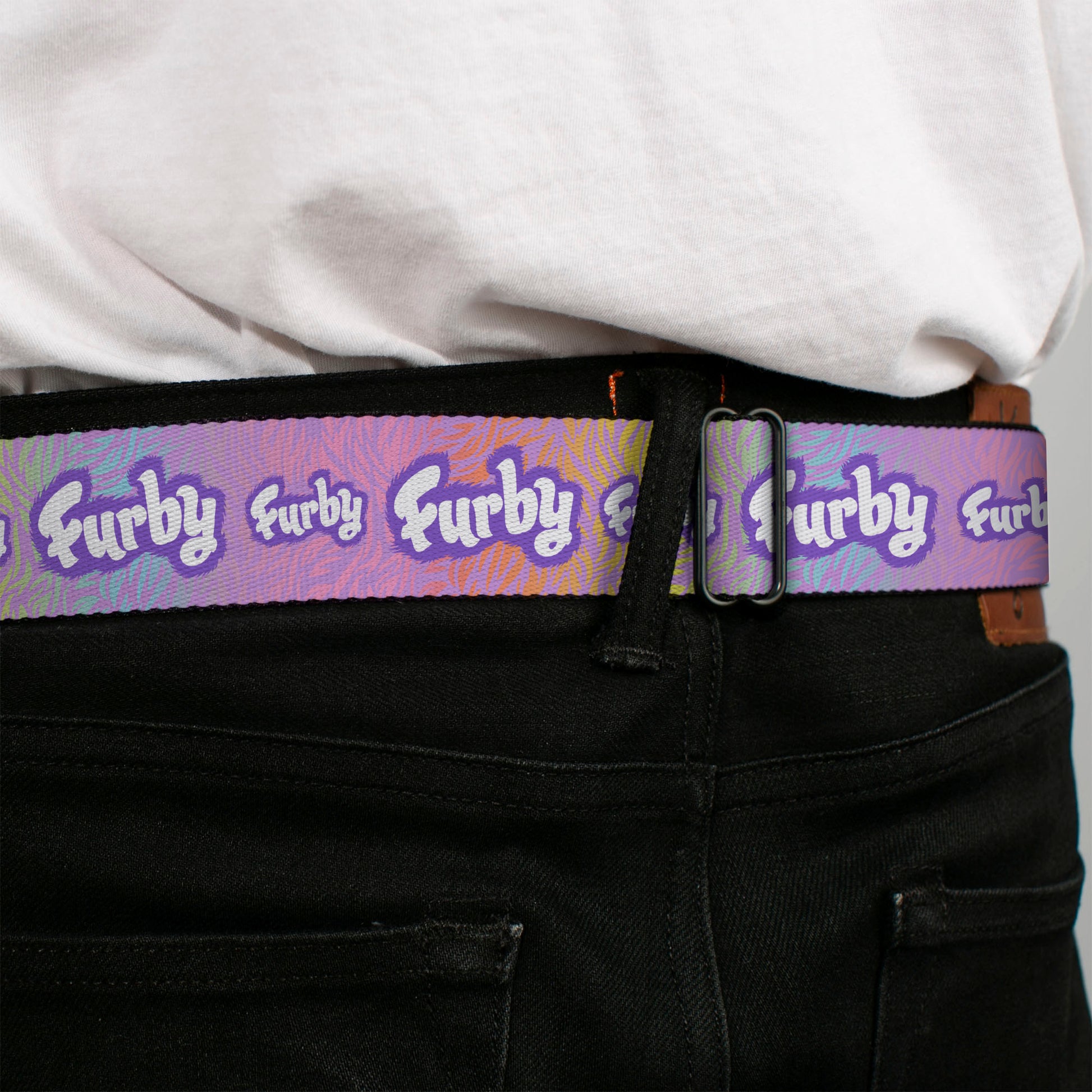 FURBY Title Logo Full Color White/Purple Seatbelt Belt - FURBY Title Logo Fur Print White/Lavender/Purple Webbing Seatbelt Belts Furby