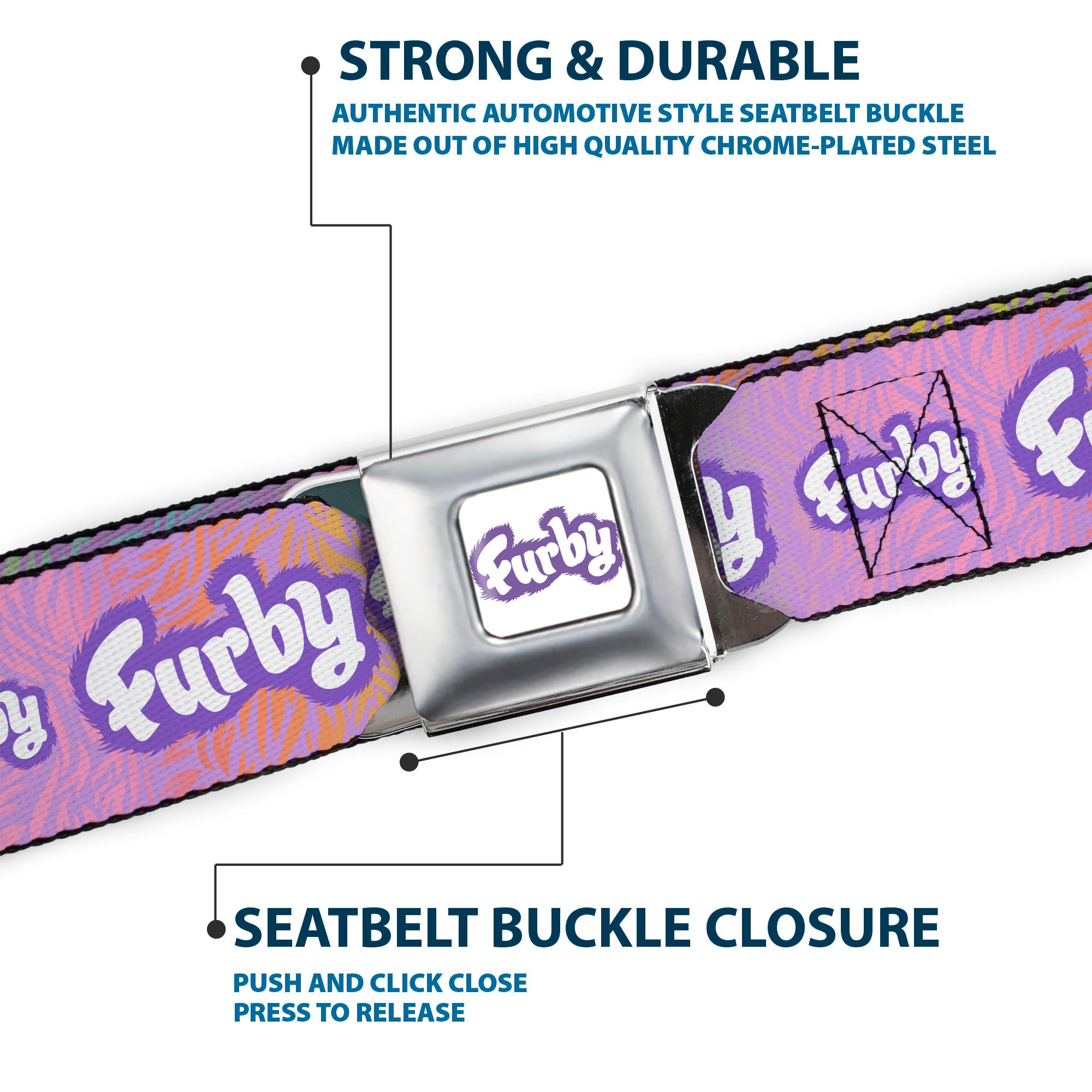 FURBY Title Logo Full Color White/Purple Seatbelt Belt - FURBY Title Logo Fur Print White/Lavender/Purple Webbing Seatbelt Belts Furby