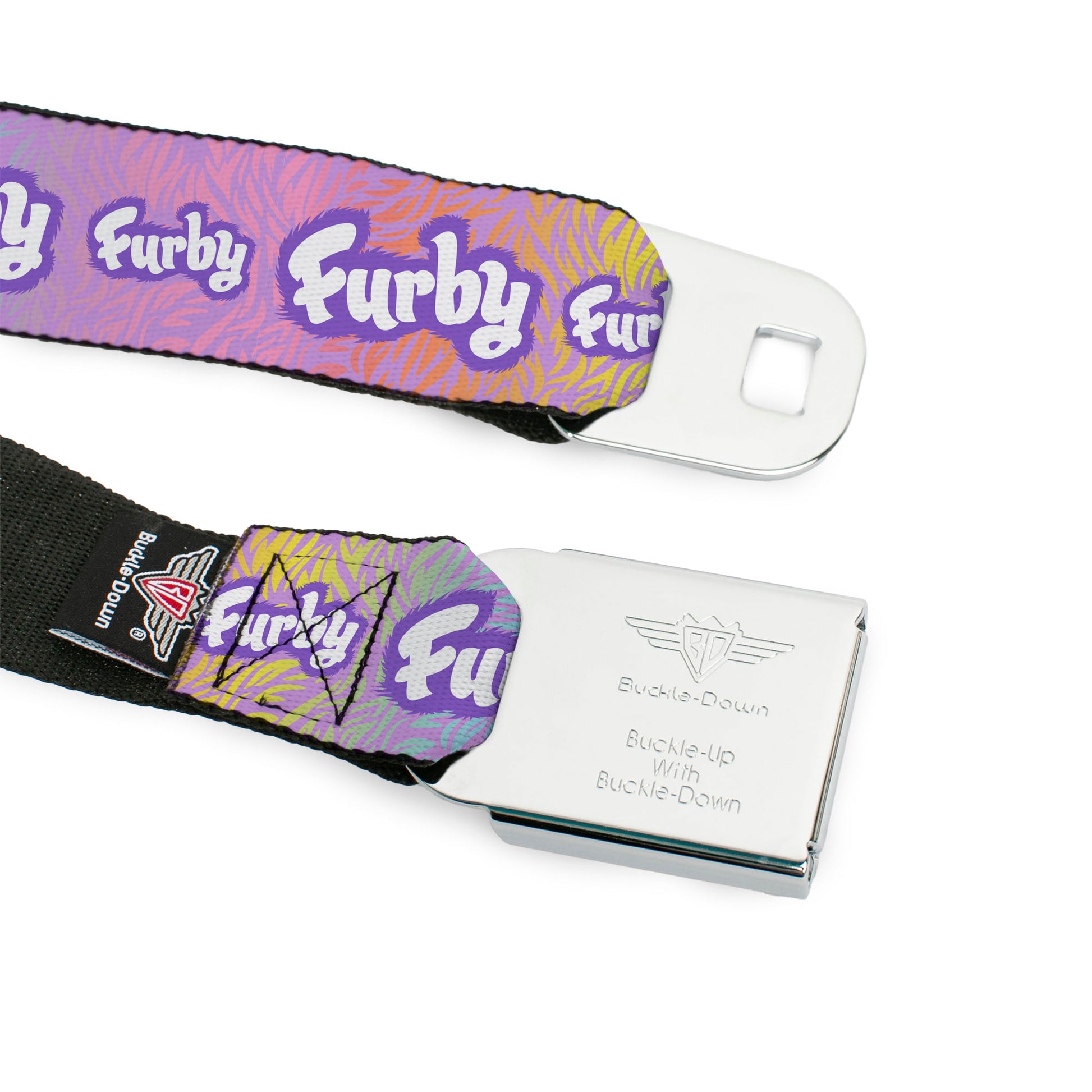 FURBY Title Logo Full Color White/Purple Seatbelt Belt - FURBY Title Logo Fur Print White/Lavender/Purple Webbing Seatbelt Belts Furby