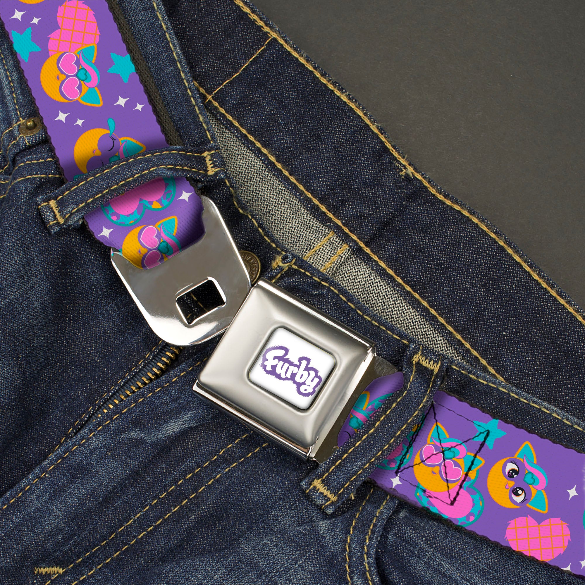 FURBY Title Logo Full Color White/Purple Seatbelt Belt - Fuby Furbmojis and Icons Collage Purple/Blues/Pinks Webbing Seatbelt Belts Furby