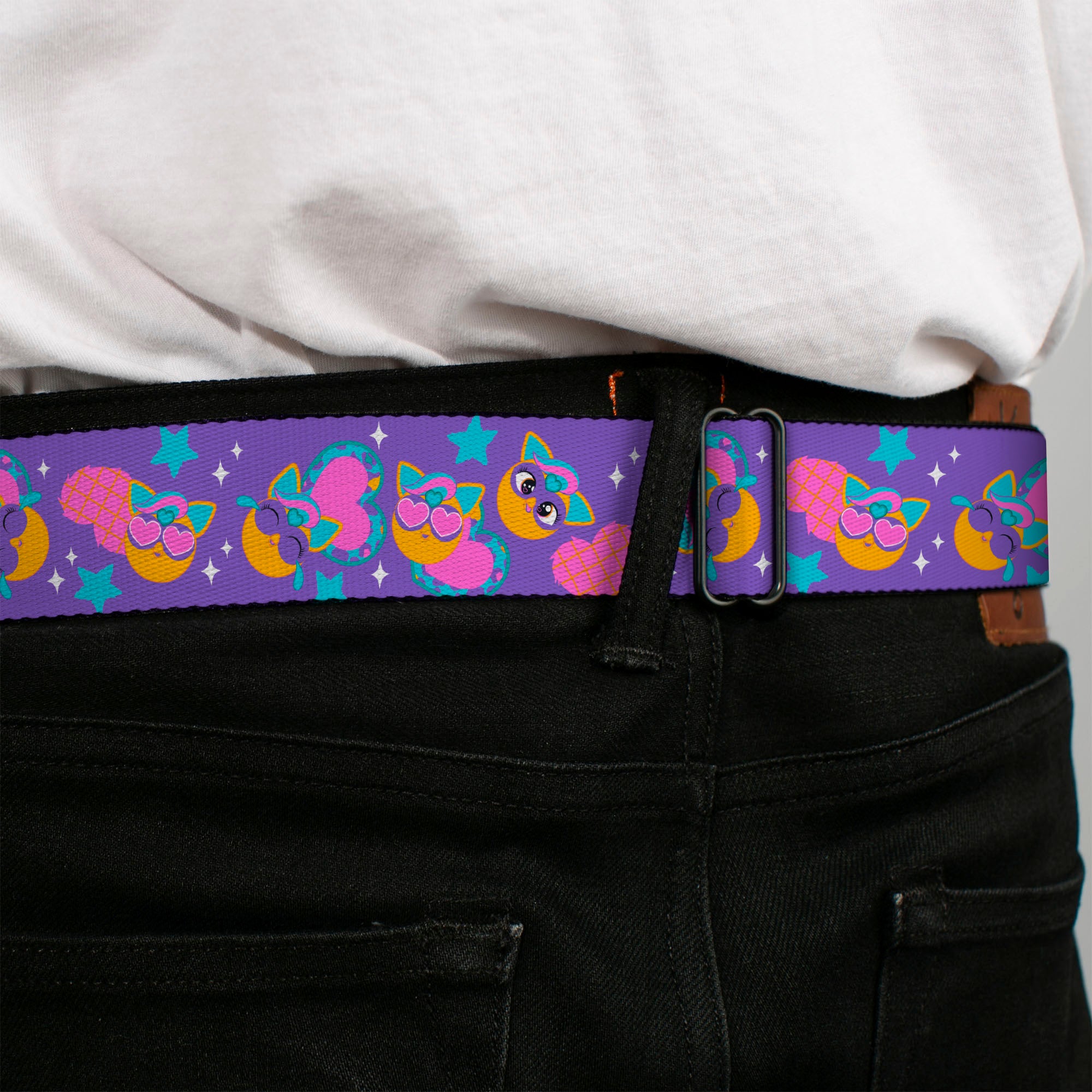 FURBY Title Logo Full Color White/Purple Seatbelt Belt - Fuby Furbmojis and Icons Collage Purple/Blues/Pinks Webbing Seatbelt Belts Furby