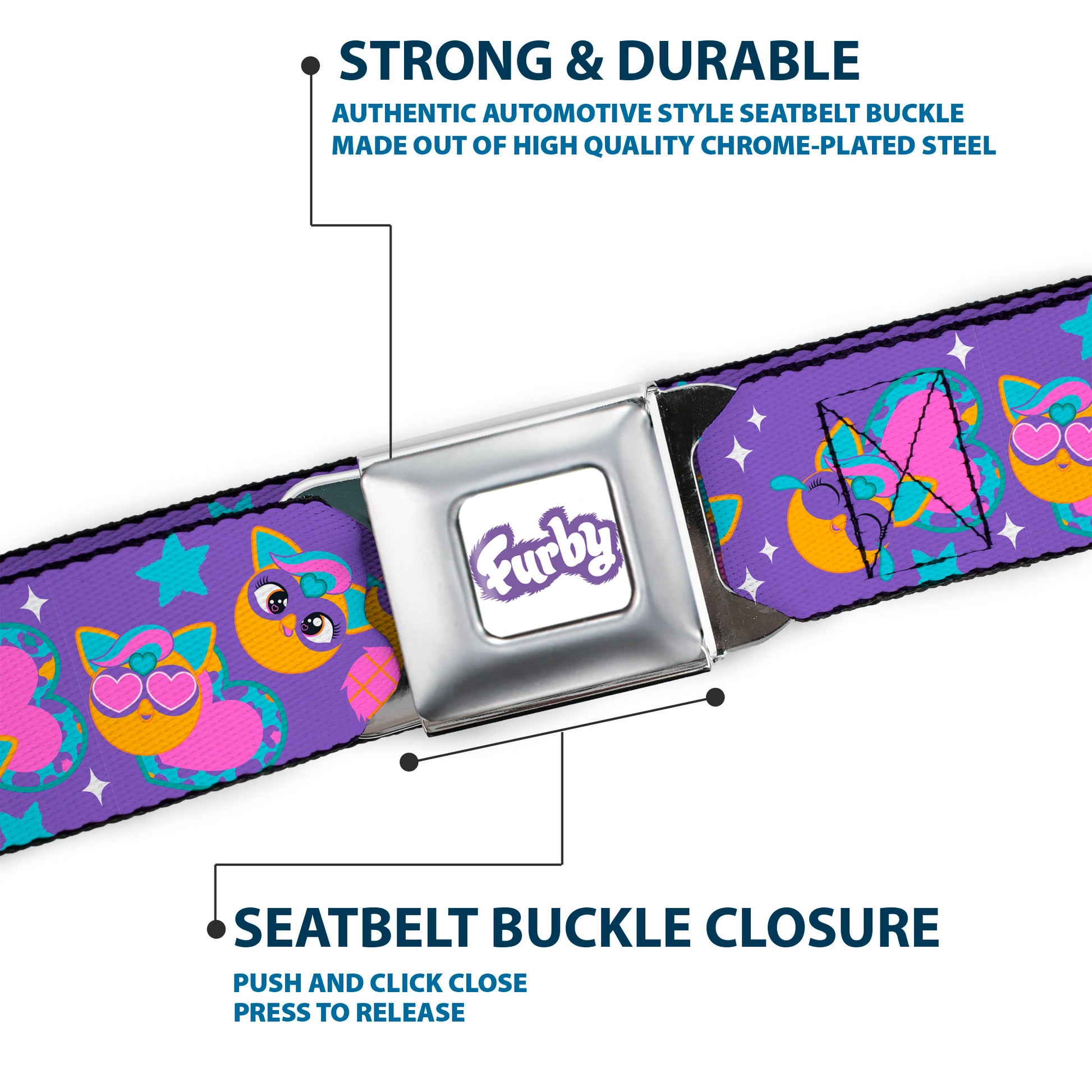 FURBY Title Logo Full Color White/Purple Seatbelt Belt - Fuby Furbmojis and Icons Collage Purple/Blues/Pinks Webbing Seatbelt Belts Furby