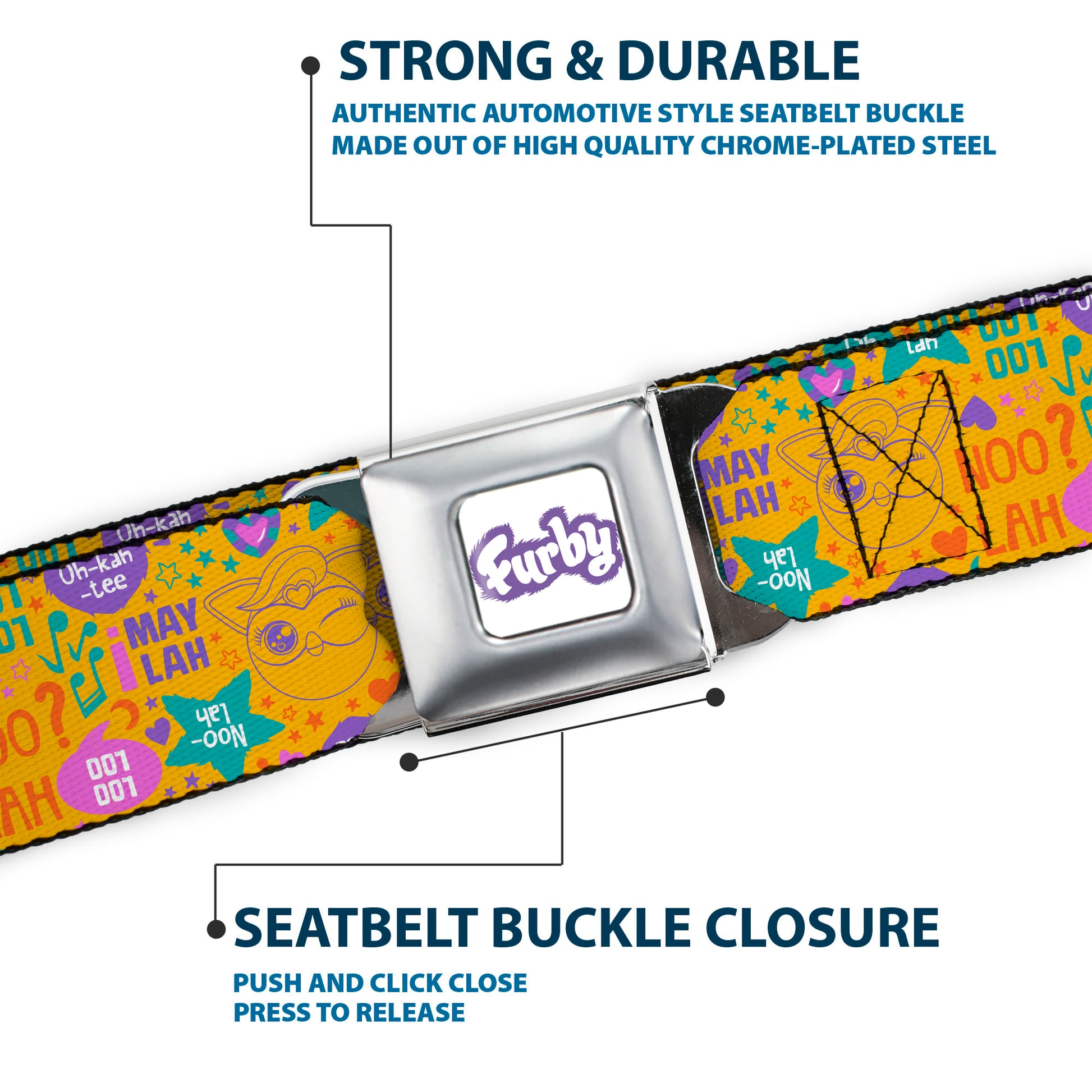 FURBY Title Logo Full Color White/Purple Seatbelt Belt - Furby Furbmoji and Furbish Phrases and Icons Orange/Pink/Purple Webbing Seatbelt Belts Furby