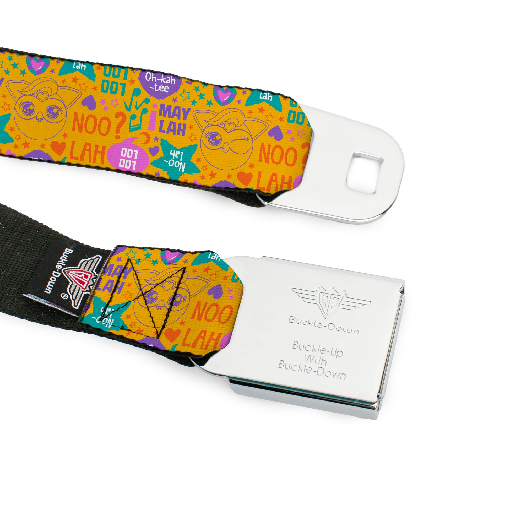 FURBY Title Logo Full Color White/Purple Seatbelt Belt - Furby Furbmoji and Furbish Phrases and Icons Orange/Pink/Purple Webbing Seatbelt Belts Furby