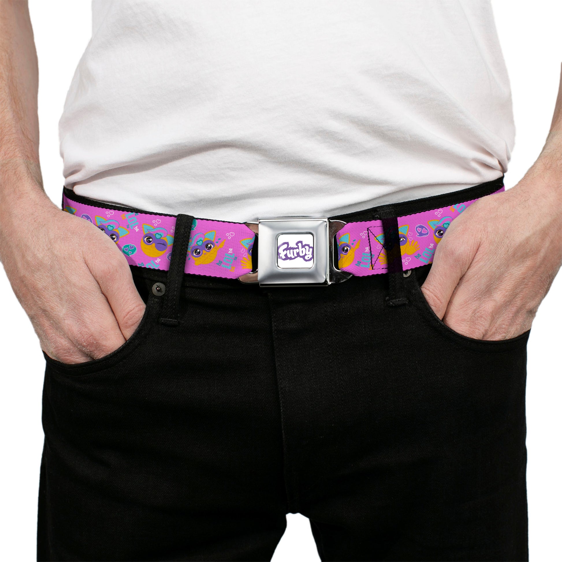FURBY Title Logo Full Color White/Purple Seatbelt Belt - Fuby Furbmojis LOL Icons Collage Pinks/Blues Webbing Seatbelt Belts Furby