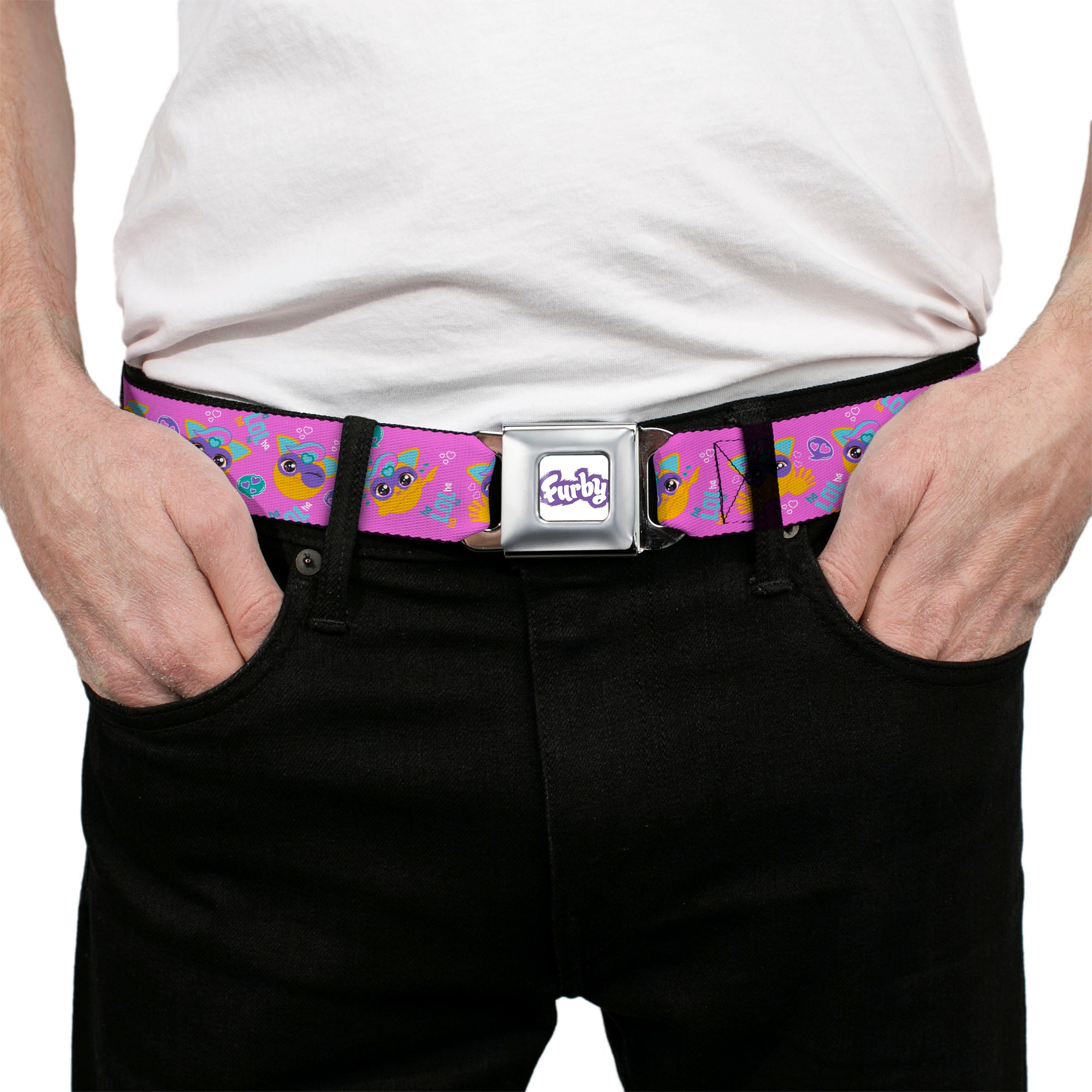 FURBY Title Logo Full Color White/Purple Seatbelt Belt - Fuby Furbmojis LOL Icons Collage Pinks/Blues Webbing Seatbelt Belts Furby