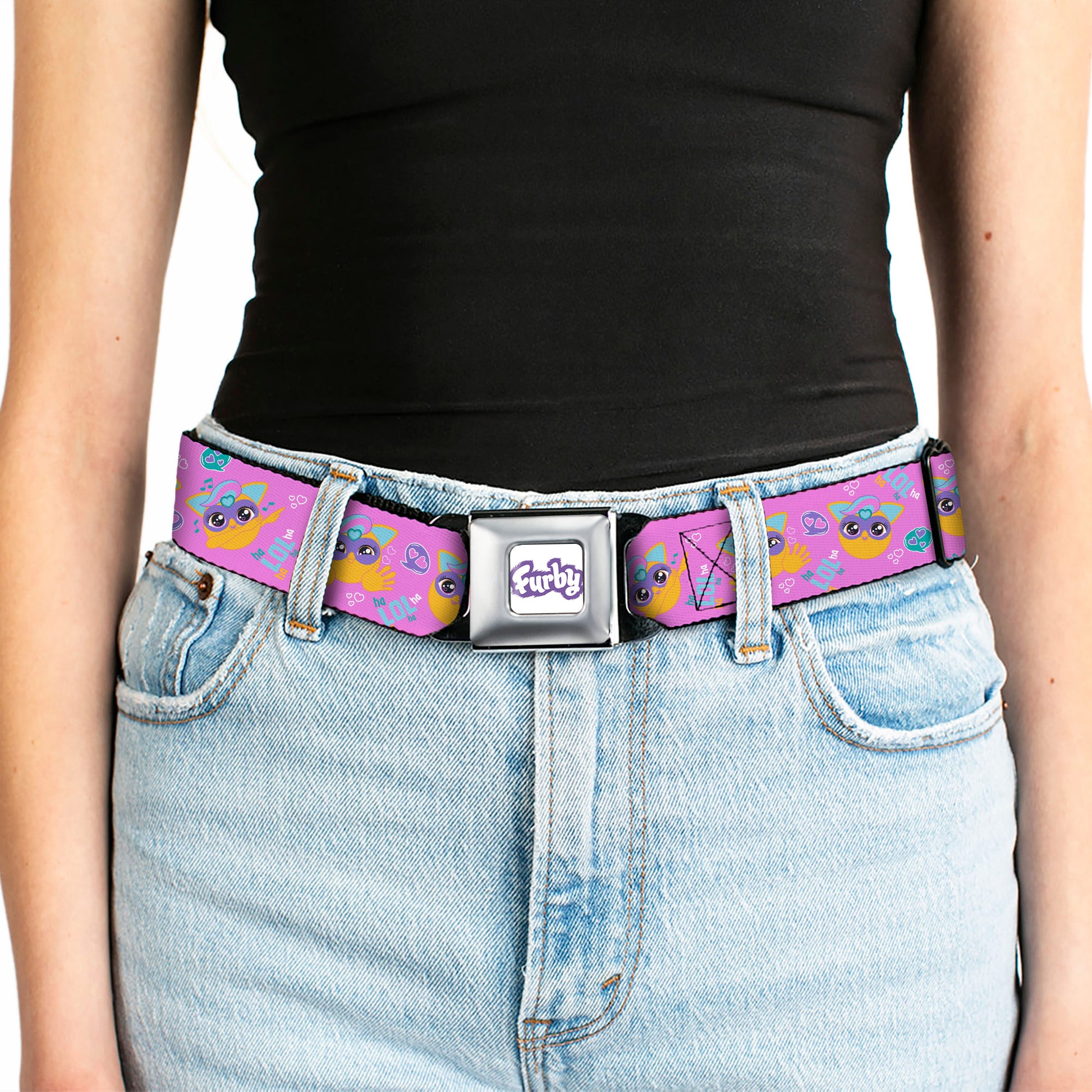 FURBY Title Logo Full Color White/Purple Seatbelt Belt - Fuby Furbmojis LOL Icons Collage Pinks/Blues Webbing Seatbelt Belts Furby