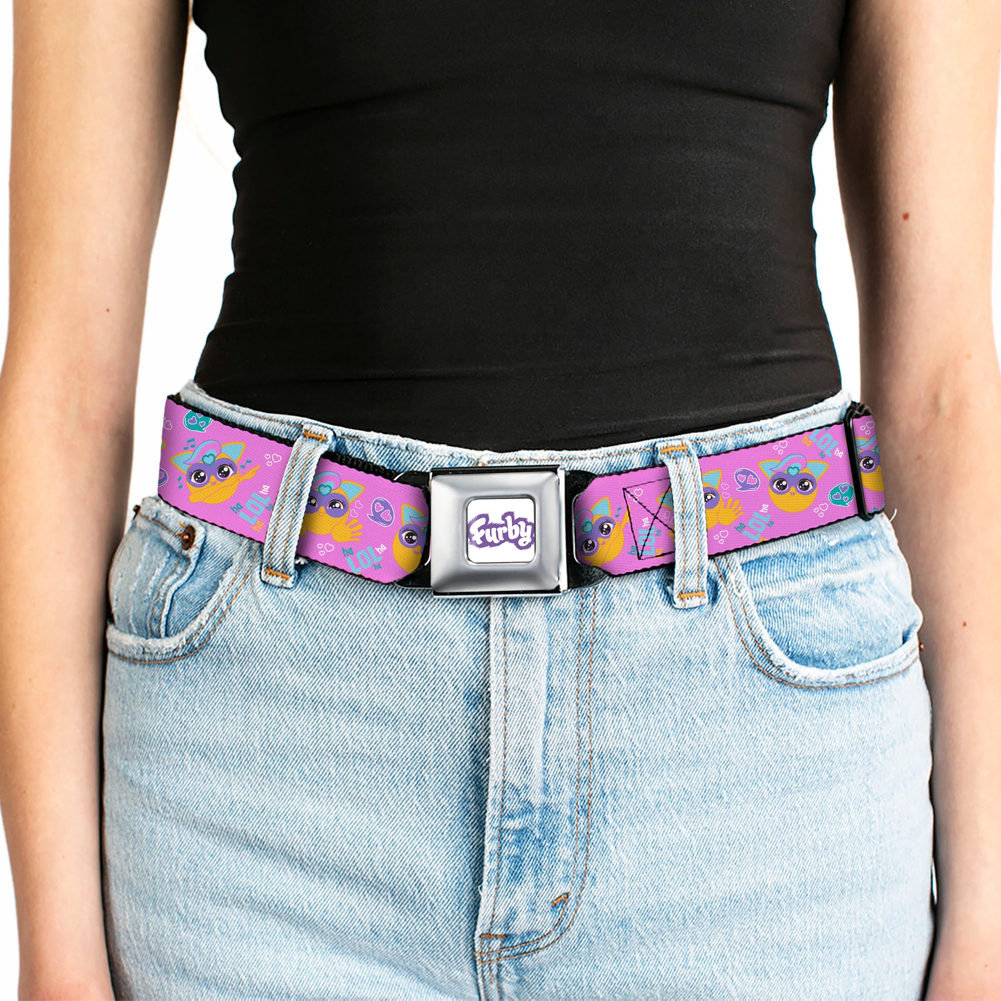 FURBY Title Logo Full Color White/Purple Seatbelt Belt - Fuby Furbmojis LOL Icons Collage Pinks/Blues Webbing Seatbelt Belts Furby