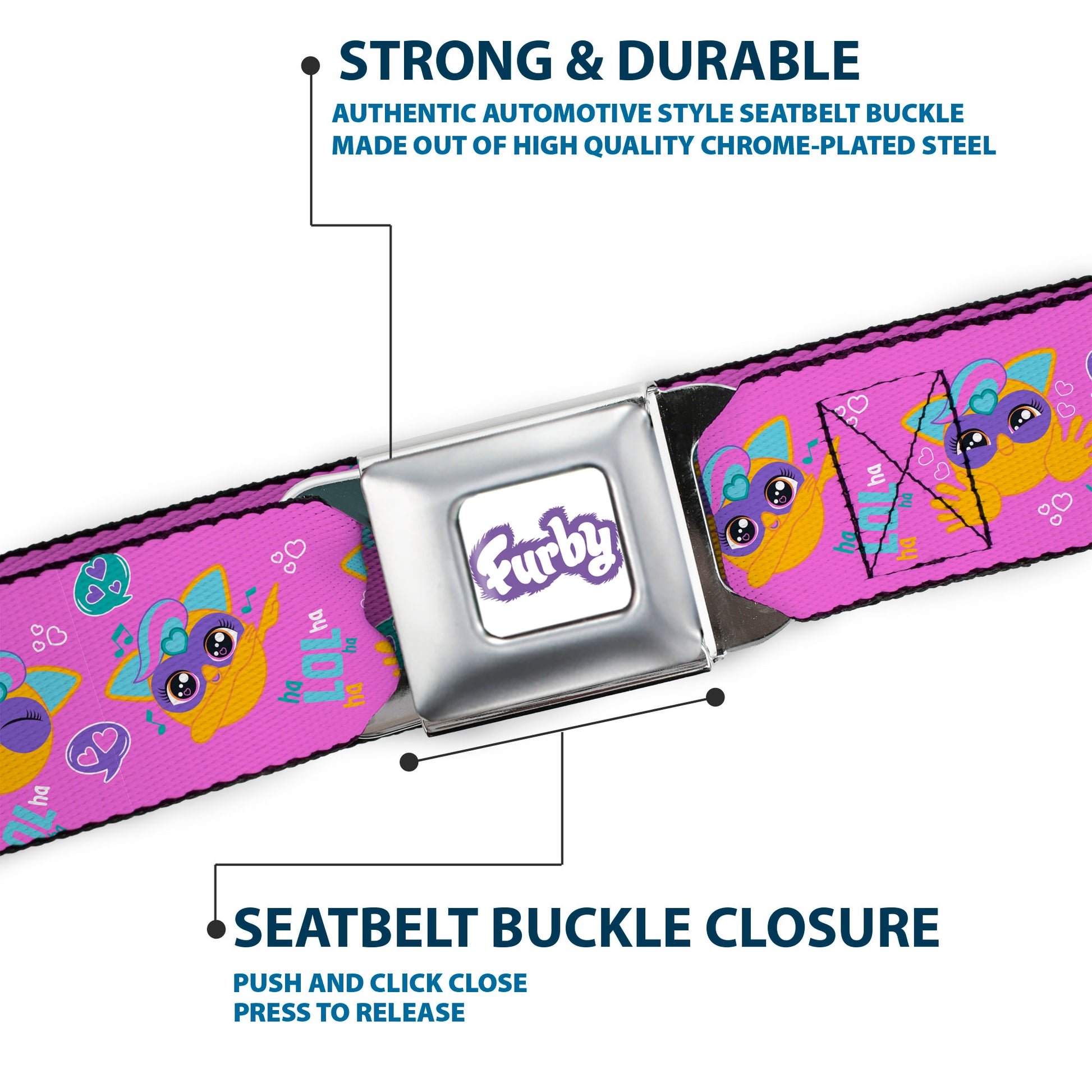 FURBY Title Logo Full Color White/Purple Seatbelt Belt - Fuby Furbmojis LOL Icons Collage Pinks/Blues Webbing Seatbelt Belts Furby