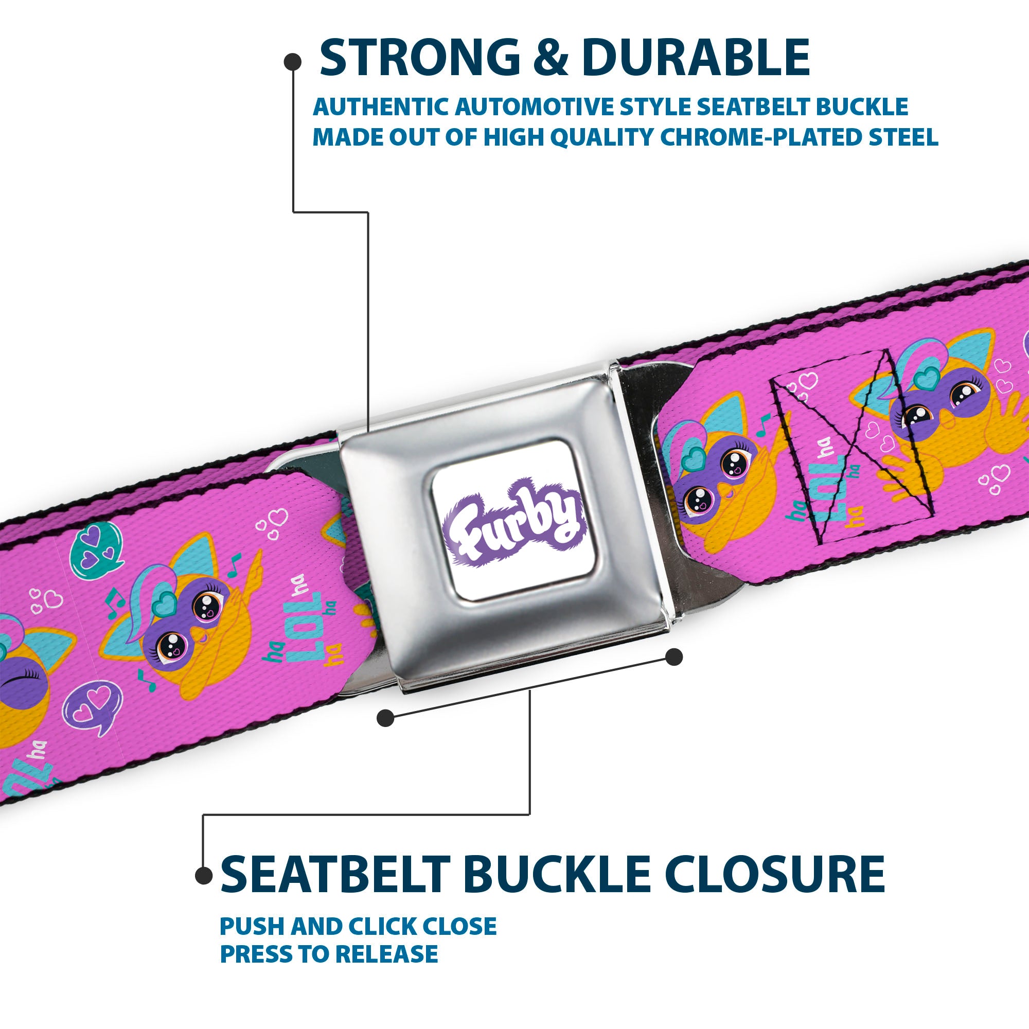 FURBY Title Logo Full Color White/Purple Seatbelt Belt - Fuby Furbmojis LOL Icons Collage Pinks/Blues Webbing Seatbelt Belts Furby