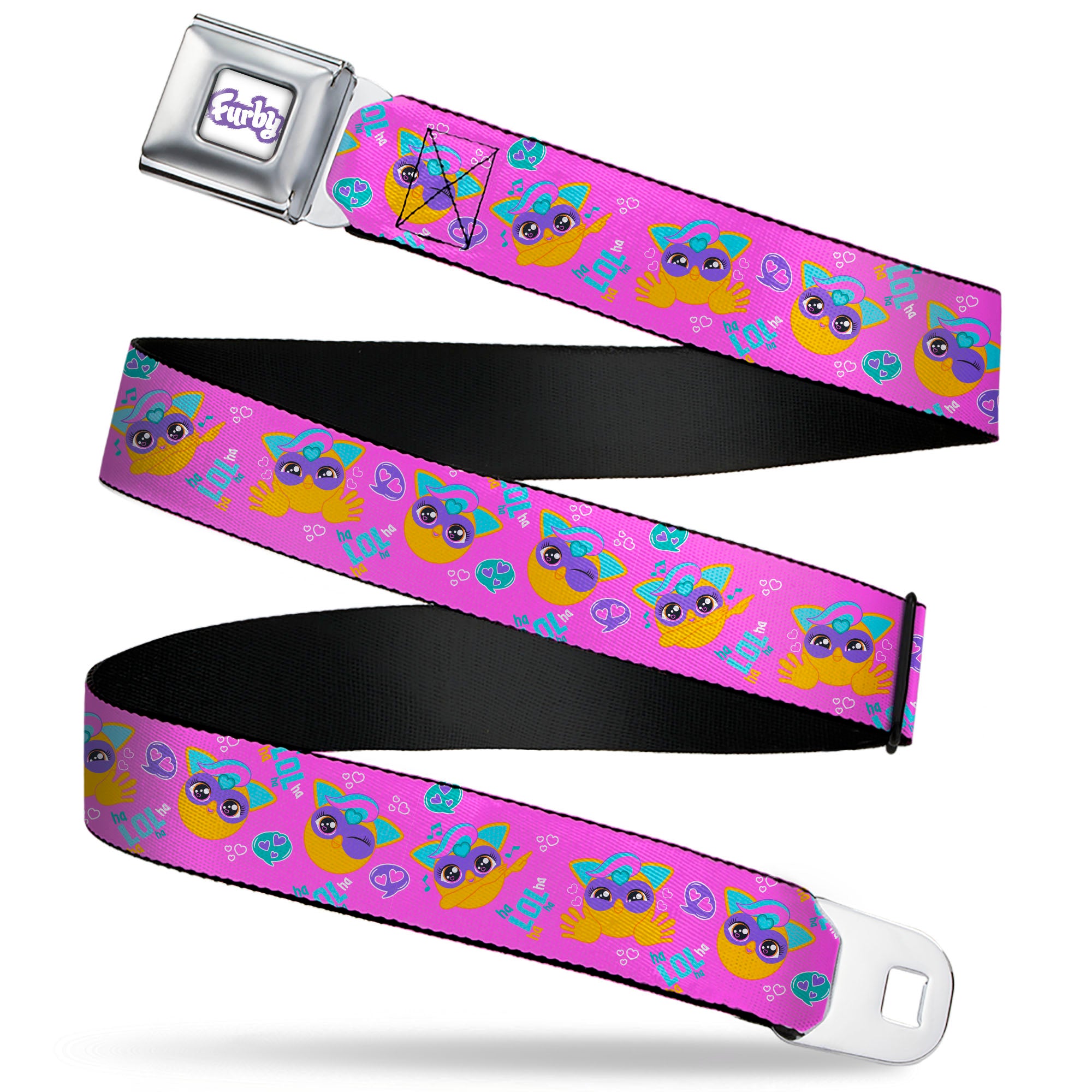 FURBY Title Logo Full Color White/Purple Seatbelt Belt - Fuby Furbmojis LOL Icons Collage Pinks/Blues Webbing Seatbelt Belts Furby