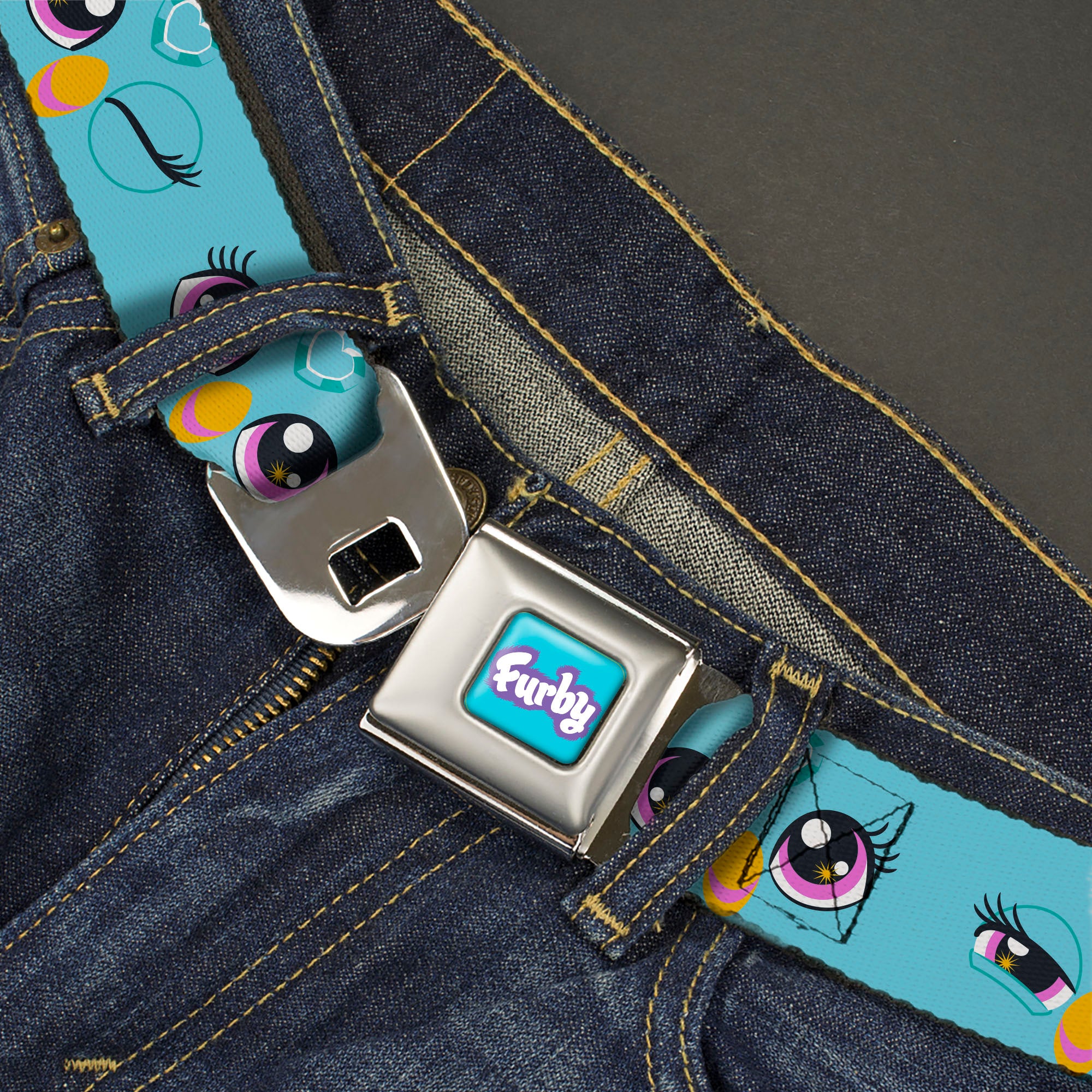 FURBY Title Logo Full Color Teal/Lavender/White Seatbelt Belt - Furby Eye Expressions Close-Up Teal Webbing Seatbelt Belts Furby
