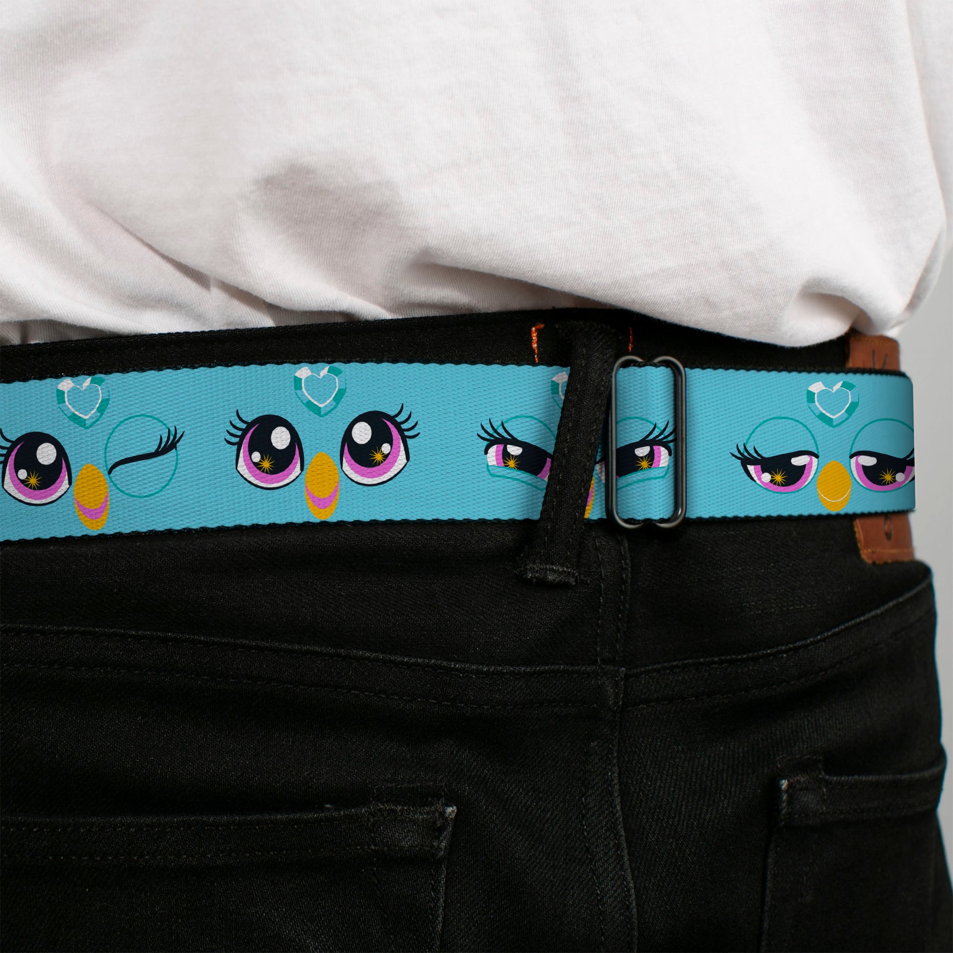 FURBY Title Logo Full Color Teal/Lavender/White Seatbelt Belt - Furby Eye Expressions Close-Up Teal Webbing Seatbelt Belts Furby