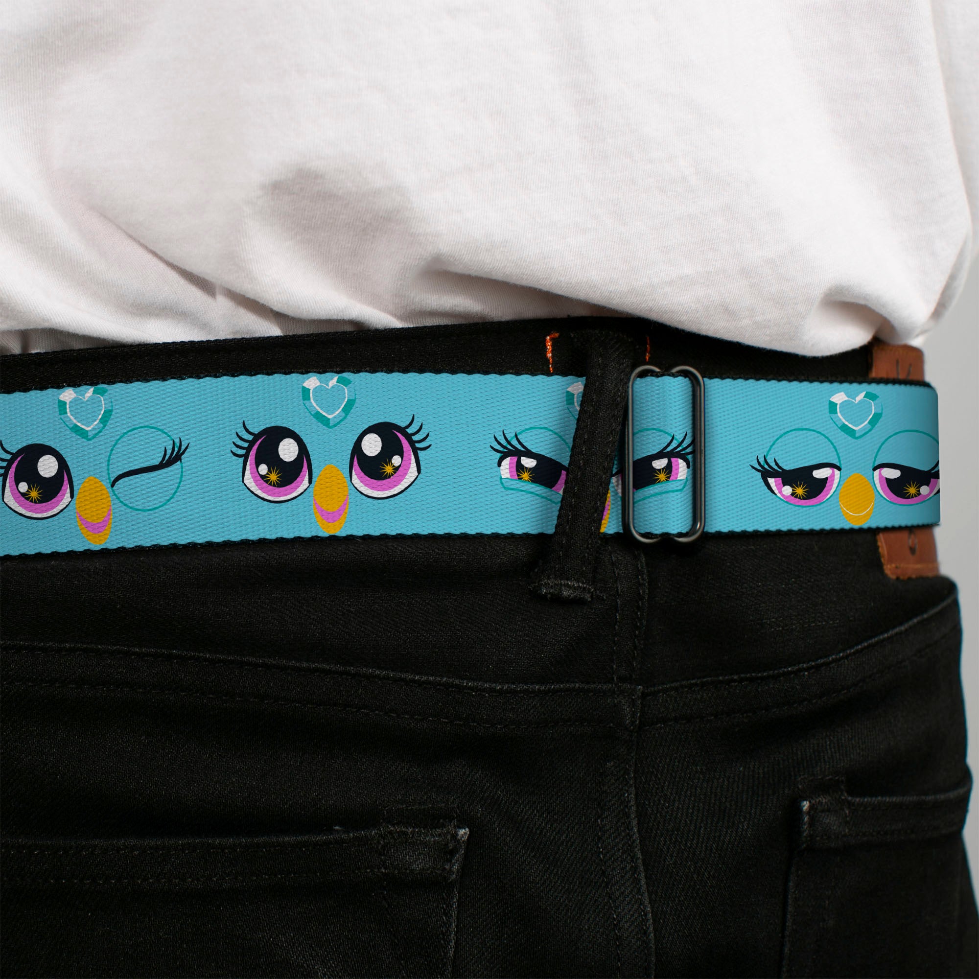 FURBY Title Logo Full Color Teal/Lavender/White Seatbelt Belt - Furby Eye Expressions Close-Up Teal Webbing Seatbelt Belts Furby