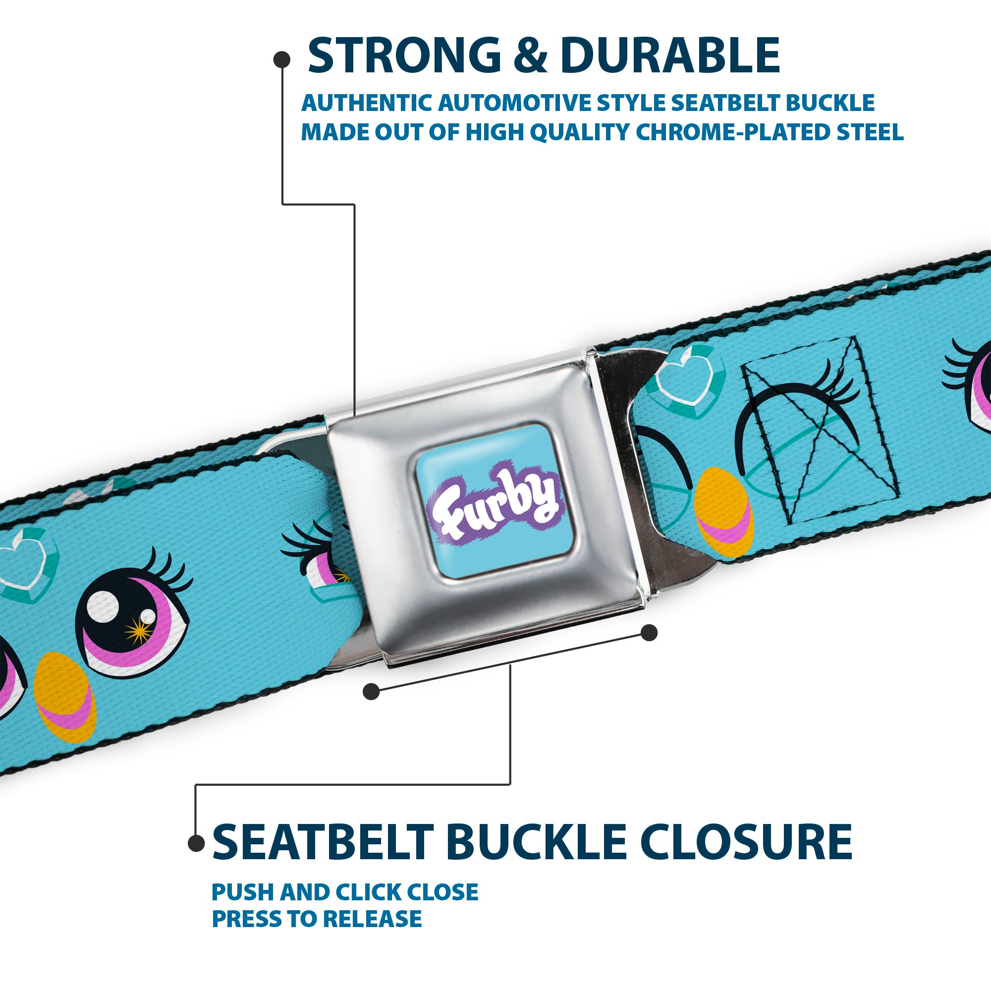 FURBY Title Logo Full Color Teal/Lavender/White Seatbelt Belt - Furby Eye Expressions Close-Up Teal Webbing Seatbelt Belts Furby