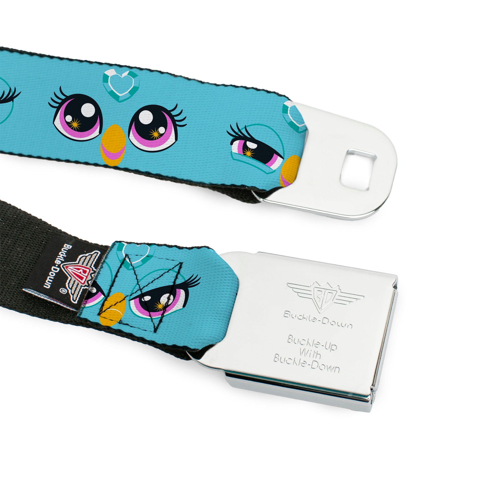 FURBY Title Logo Full Color Teal/Lavender/White Seatbelt Belt - Furby Eye Expressions Close-Up Teal Webbing Seatbelt Belts Furby