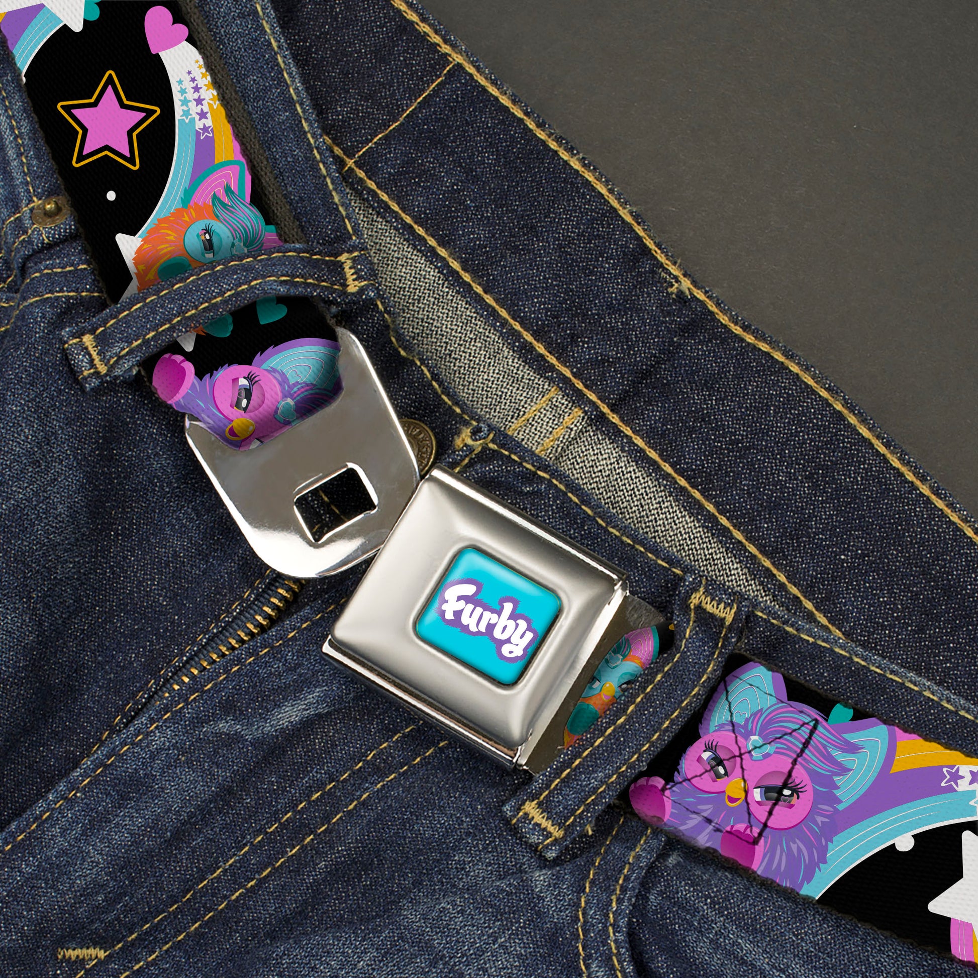 FURBY Title Logo Full Color Teal/Lavender/White Seatbelt Belt - Furby Orange and Purple Jumping Rainbow Slide Black/Multi Color Webbing Seatbelt Belts Furby