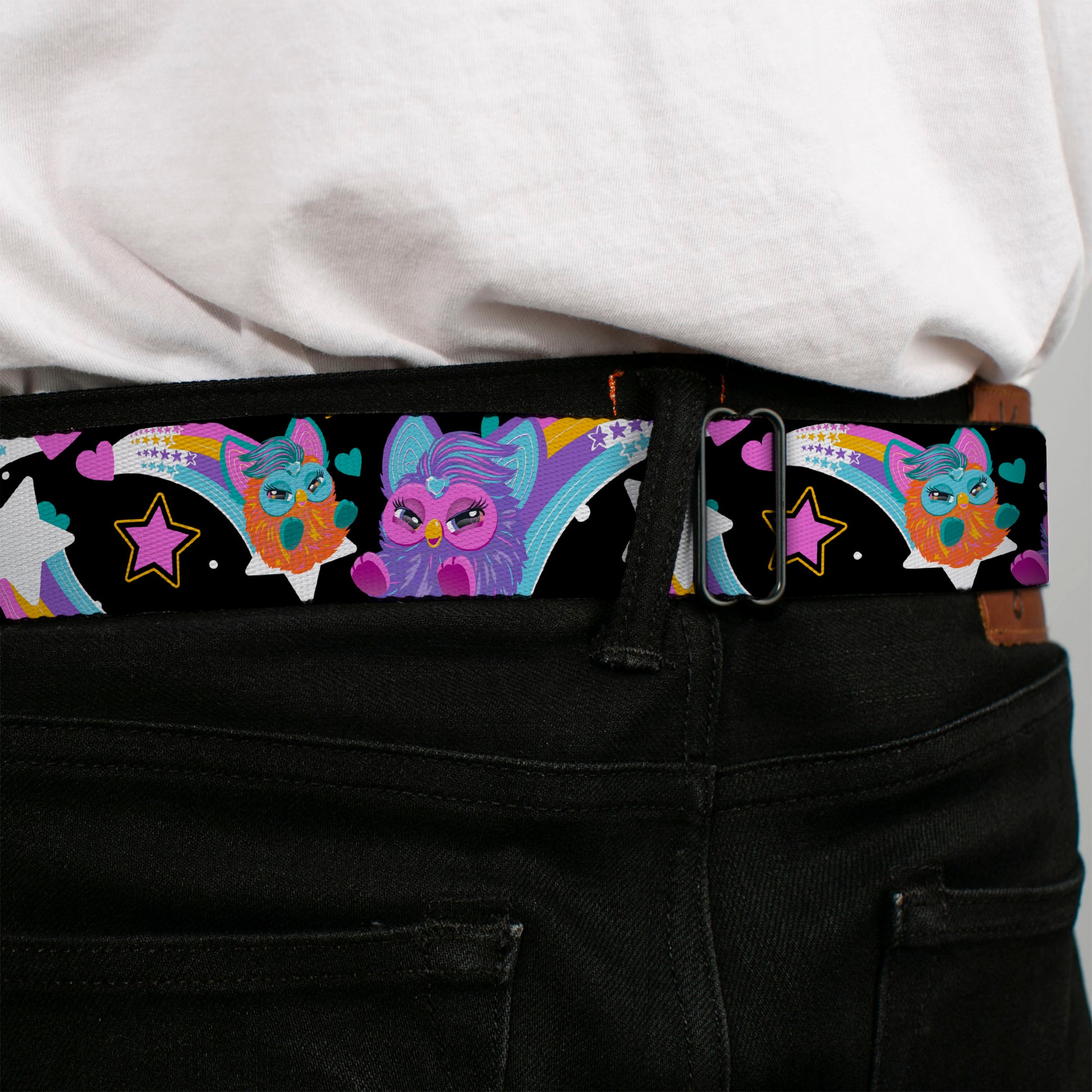 FURBY Title Logo Full Color Teal/Lavender/White Seatbelt Belt - Furby Orange and Purple Jumping Rainbow Slide Black/Multi Color Webbing Seatbelt Belts Furby