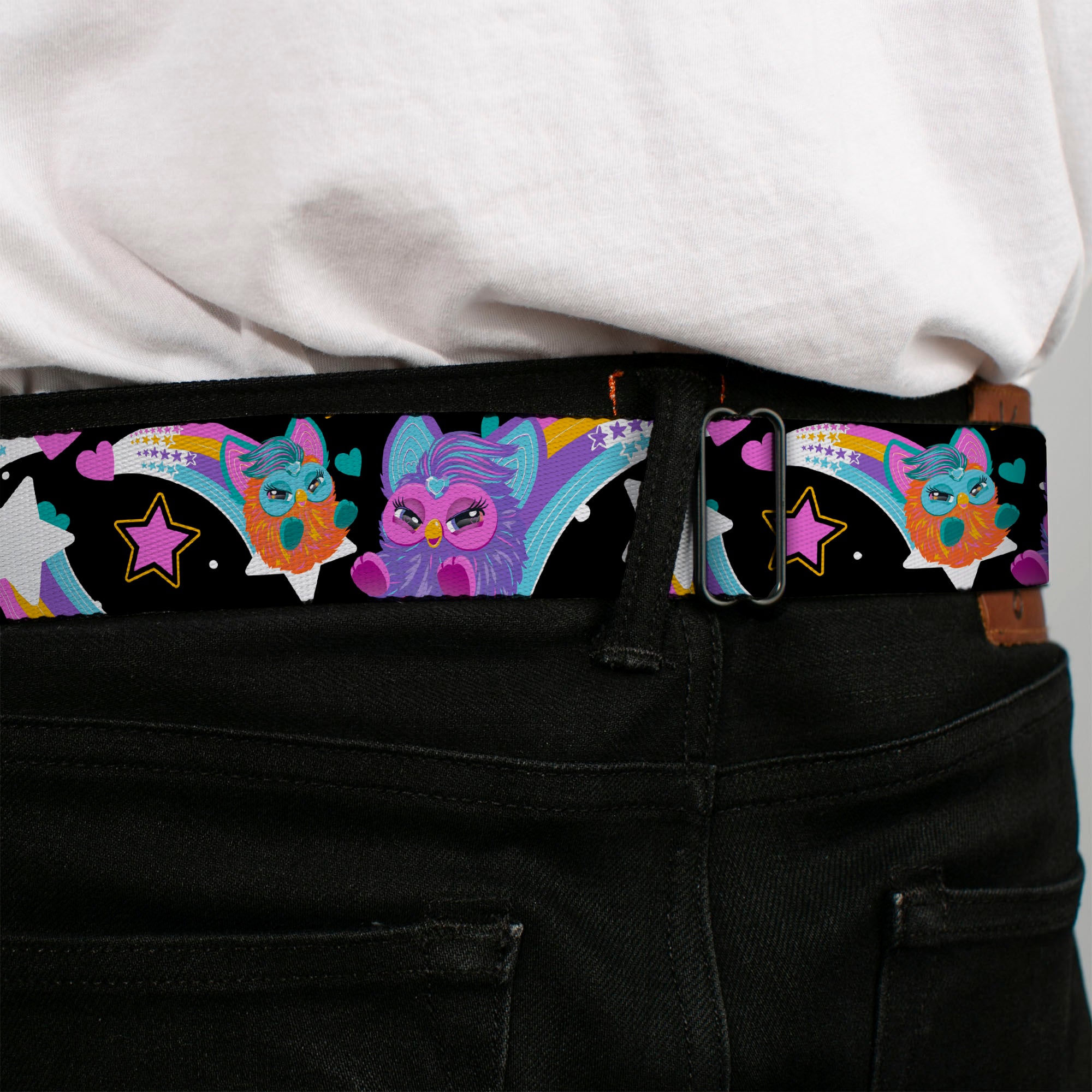 FURBY Title Logo Full Color Teal/Lavender/White Seatbelt Belt - Furby Orange and Purple Jumping Rainbow Slide Black/Multi Color Webbing Seatbelt Belts Furby