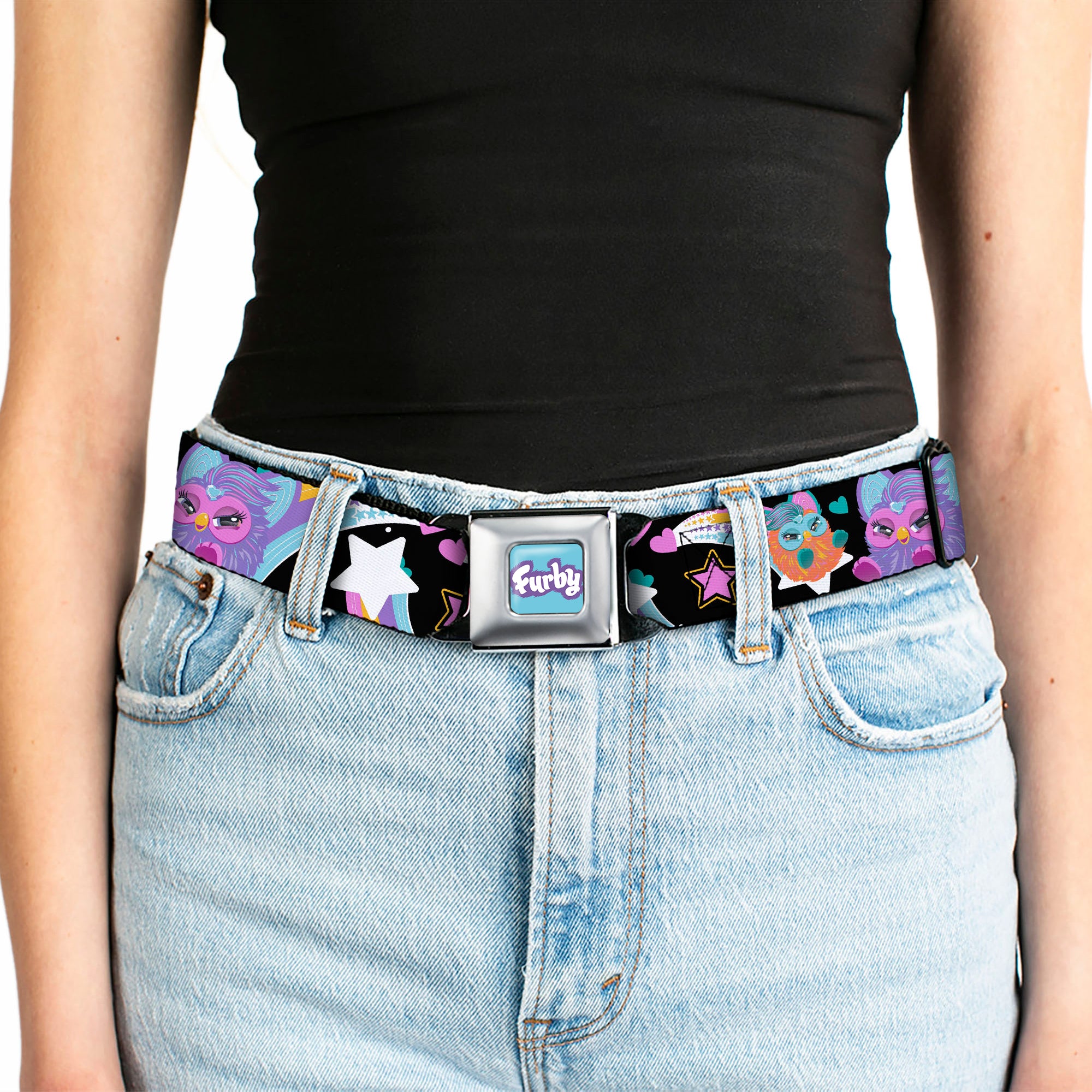 FURBY Title Logo Full Color Teal/Lavender/White Seatbelt Belt - Furby Orange and Purple Jumping Rainbow Slide Black/Multi Color Webbing Seatbelt Belts Furby
