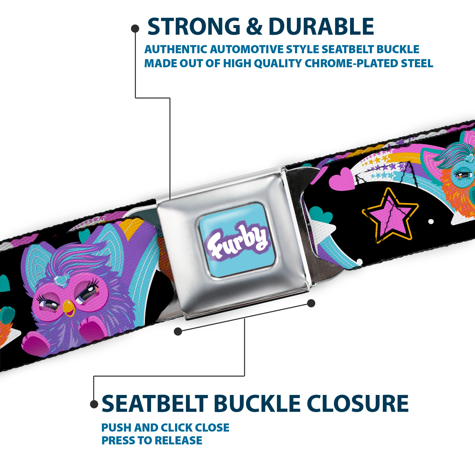 FURBY Title Logo Full Color Teal/Lavender/White Seatbelt Belt - Furby Orange and Purple Jumping Rainbow Slide Black/Multi Color Webbing Seatbelt Belts Furby