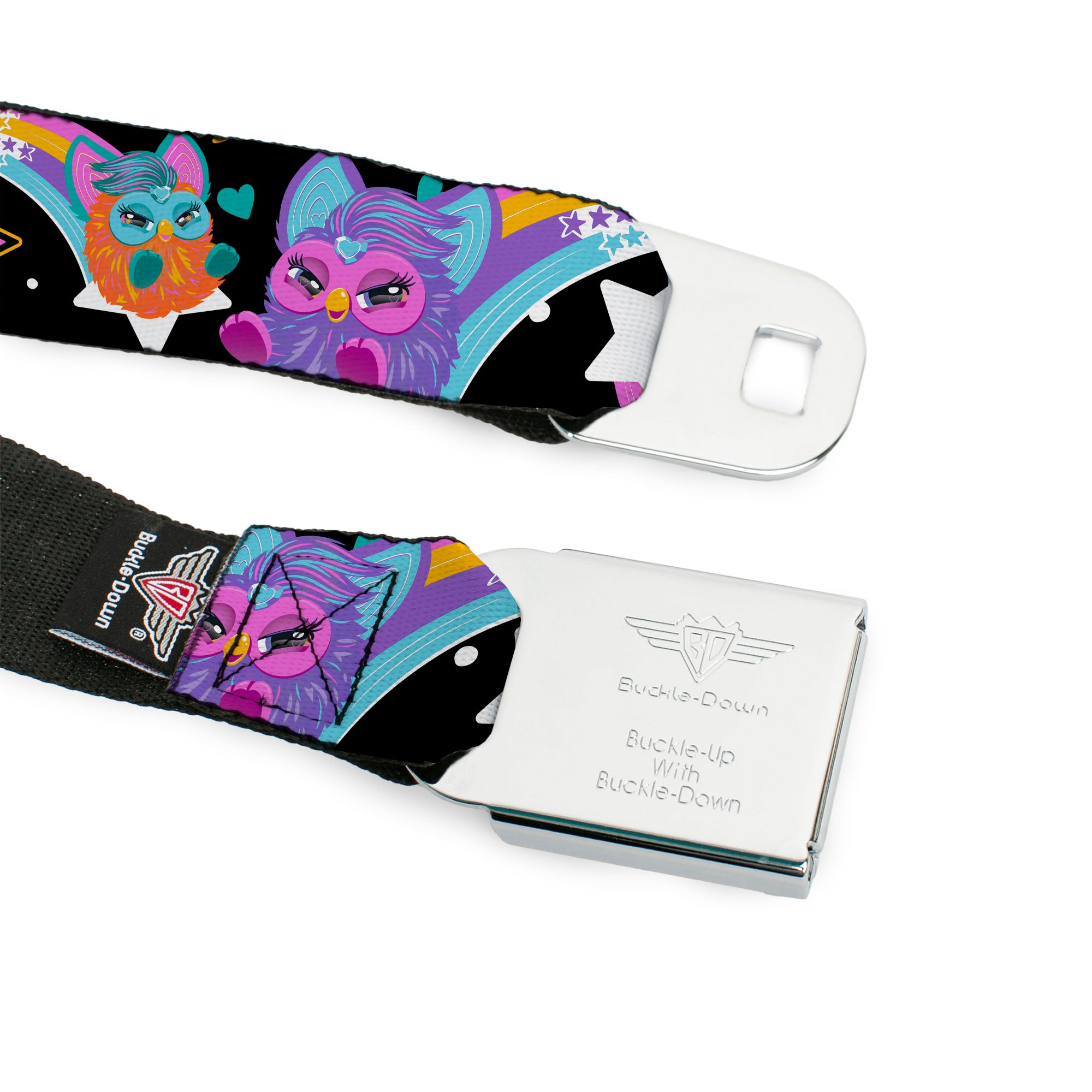 FURBY Title Logo Full Color Teal/Lavender/White Seatbelt Belt - Furby Orange and Purple Jumping Rainbow Slide Black/Multi Color Webbing Seatbelt Belts Furby