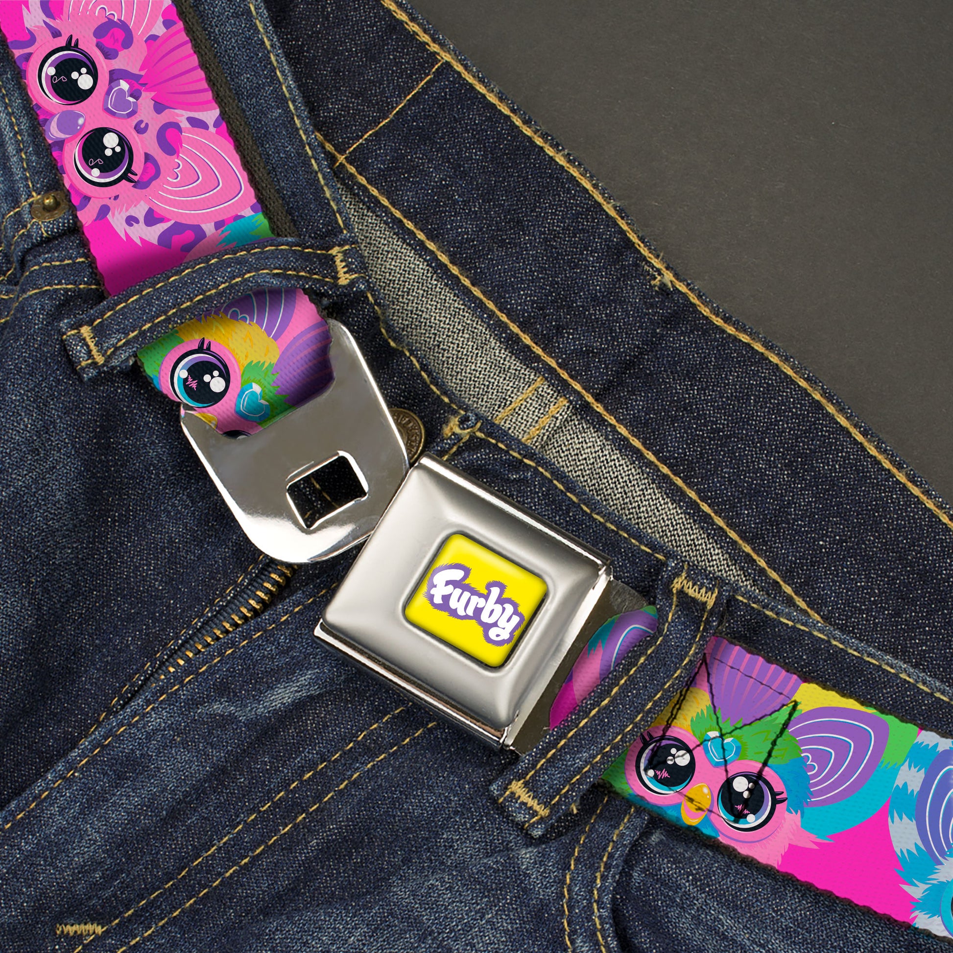 FURBY Title Logo Full Color Yellow/Lavender/White Seatbelt Belt - Furby Furblets Faces Close-Up Pink/Multi Color Webbing Seatbelt Belts Furby