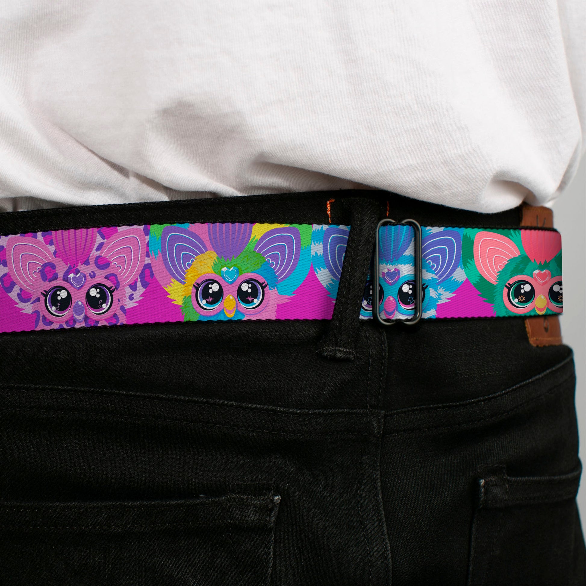 FURBY Title Logo Full Color Yellow/Lavender/White Seatbelt Belt - Furby Furblets Faces Close-Up Pink/Multi Color Webbing Seatbelt Belts Furby